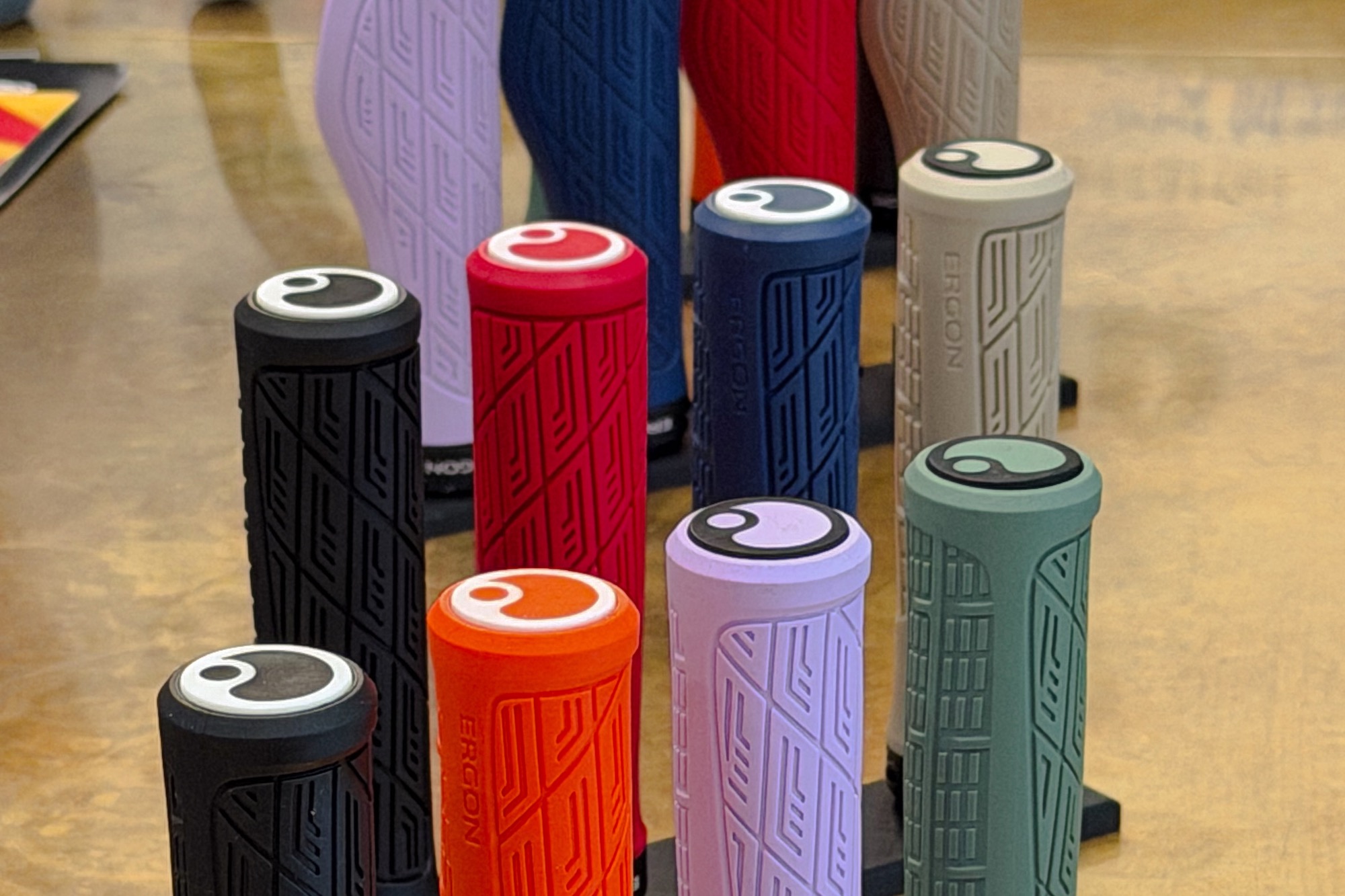 a selection of new MTB grips at the ergon booth at eurobike