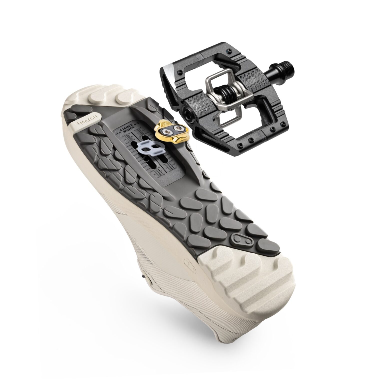 studio image of the sole of the Crankbrothers Mallet Trail Vent shoe with a Mallet pedal