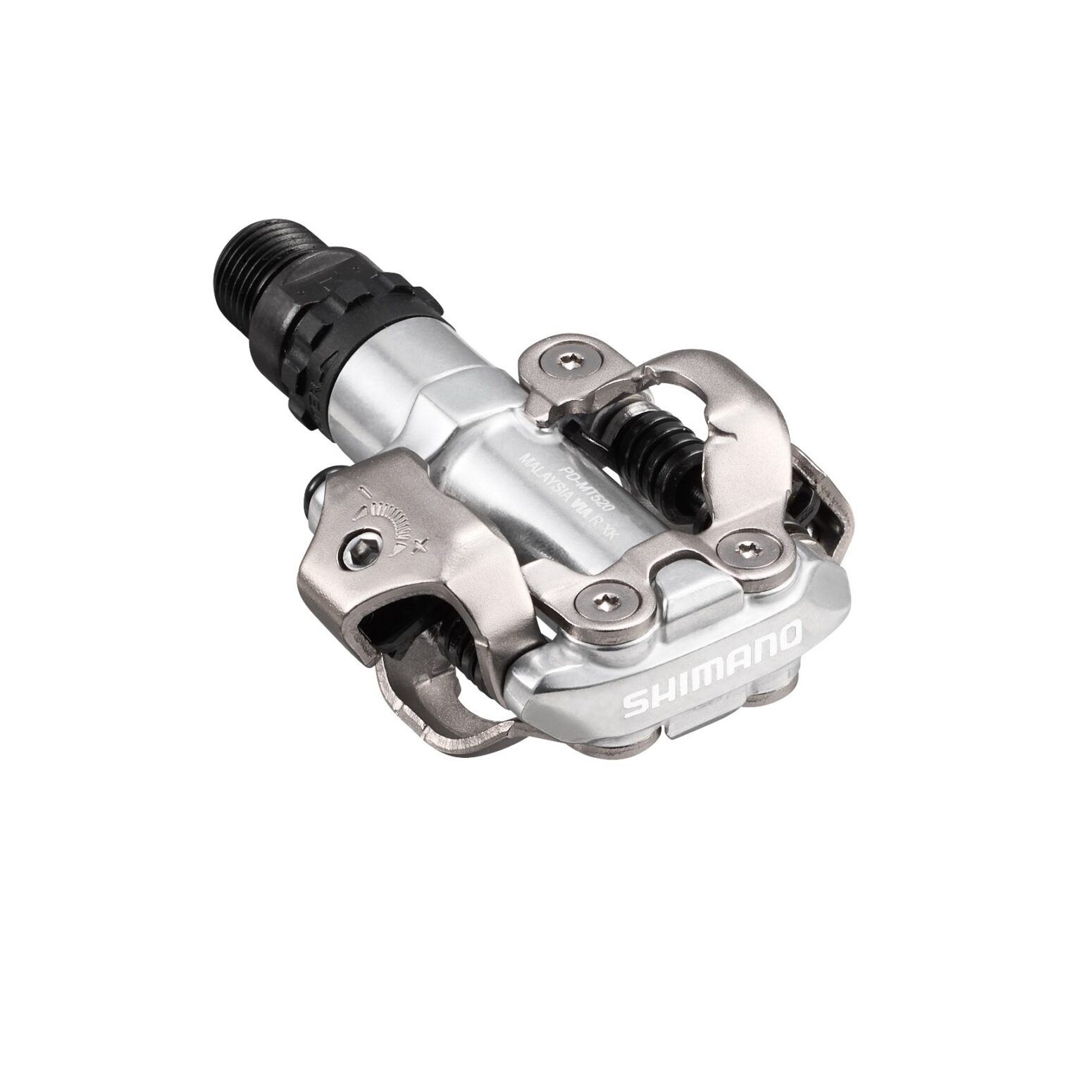 studio image of the Shimano MT520 pedal in silver, viewed from above at an angle.