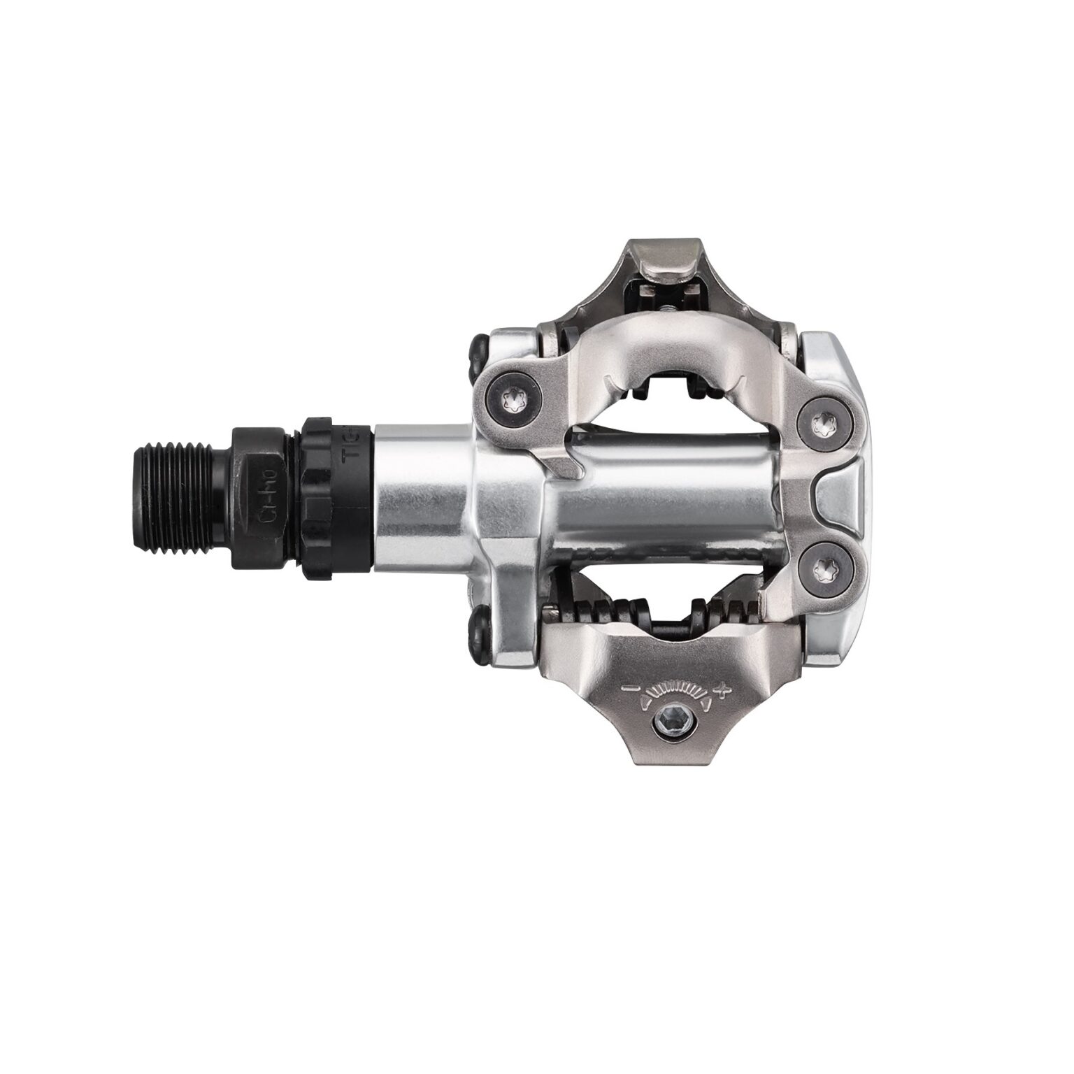 studio image of the Shimano MT520 pedal in silver, viewed from above