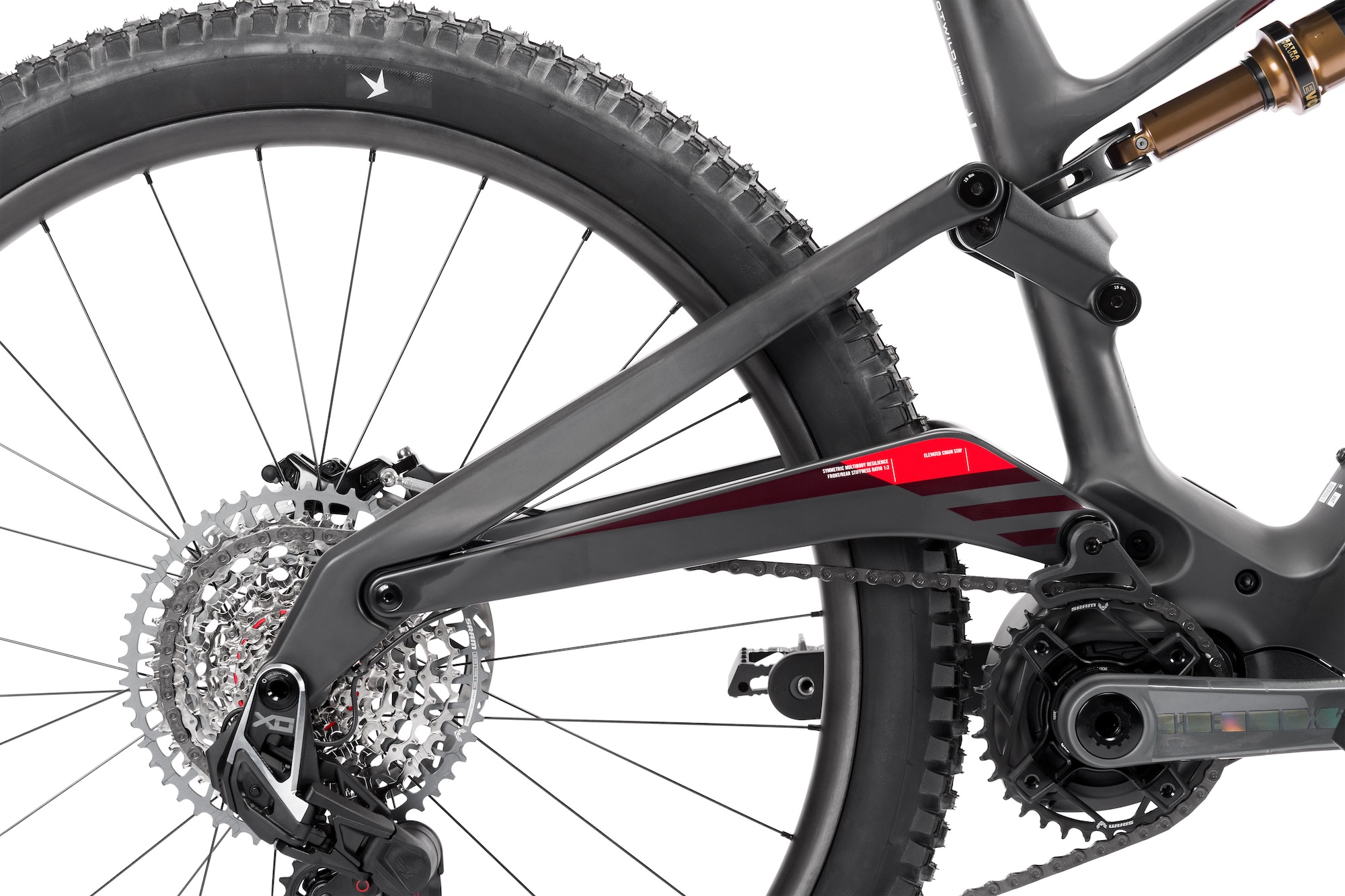 studio image showing detail of the rear triangle and suspension layout on the Rotwild R.XX eMTB