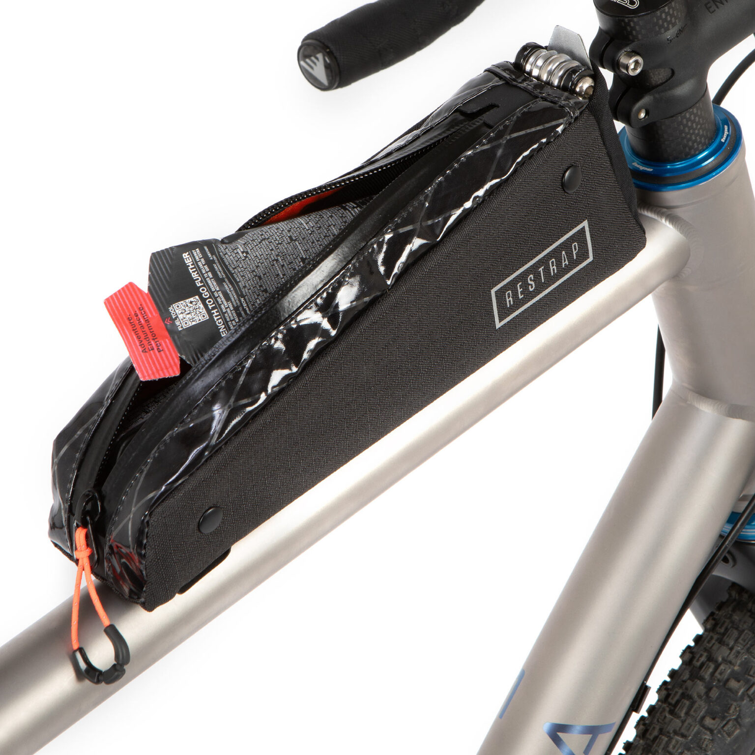 Restrap tiny aerodynamic Aero Race Top Tube Bag, on-bike as a bolt-on