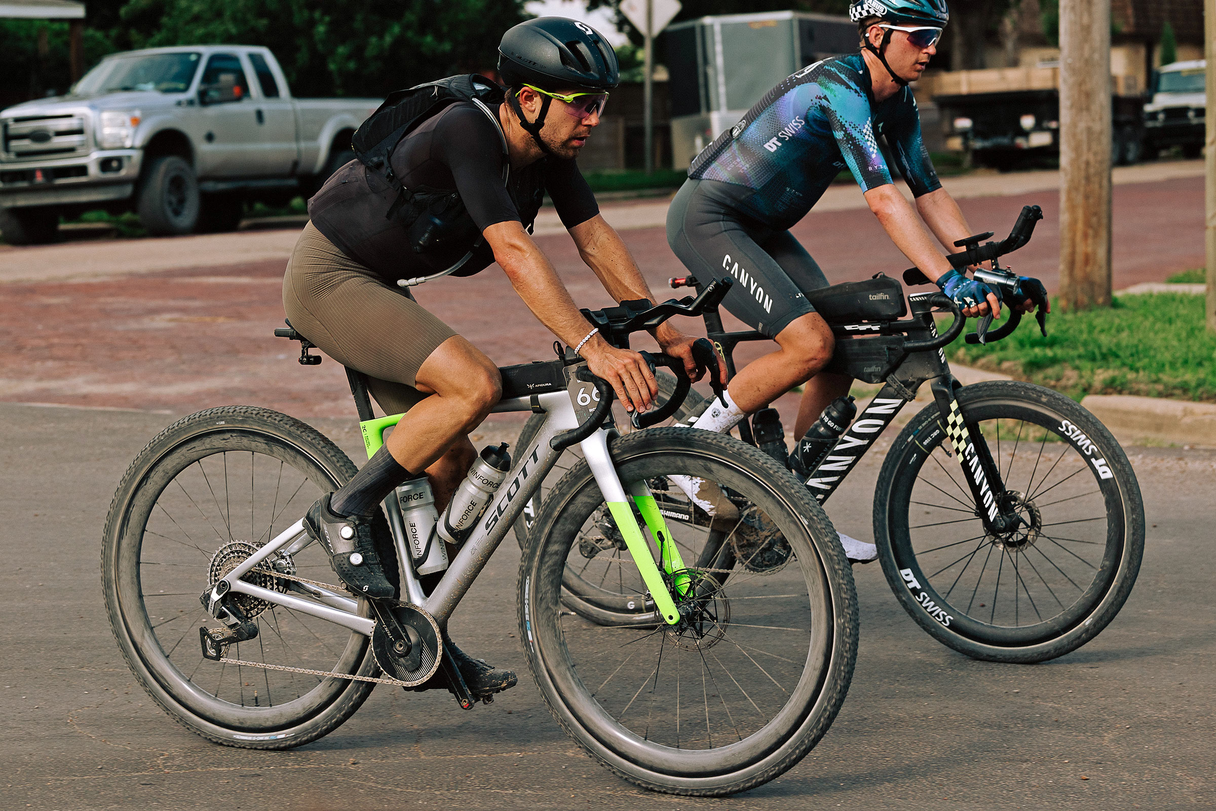 prototype Scott Addict Gravel RC 32" bike of 2026 UNBOUND XL winner Robin Gemperle, riding through town