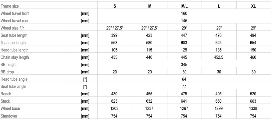 screenshot of the Rotwild R.XX geometry chart