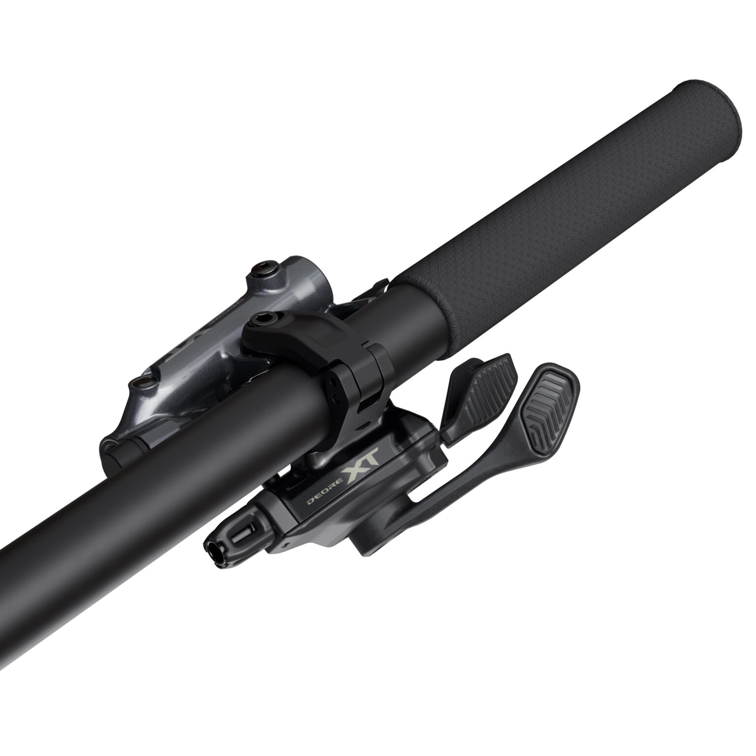 studio image of the new Deore XT mechanical shifter with the I-spec mount mounted on a handlebar.