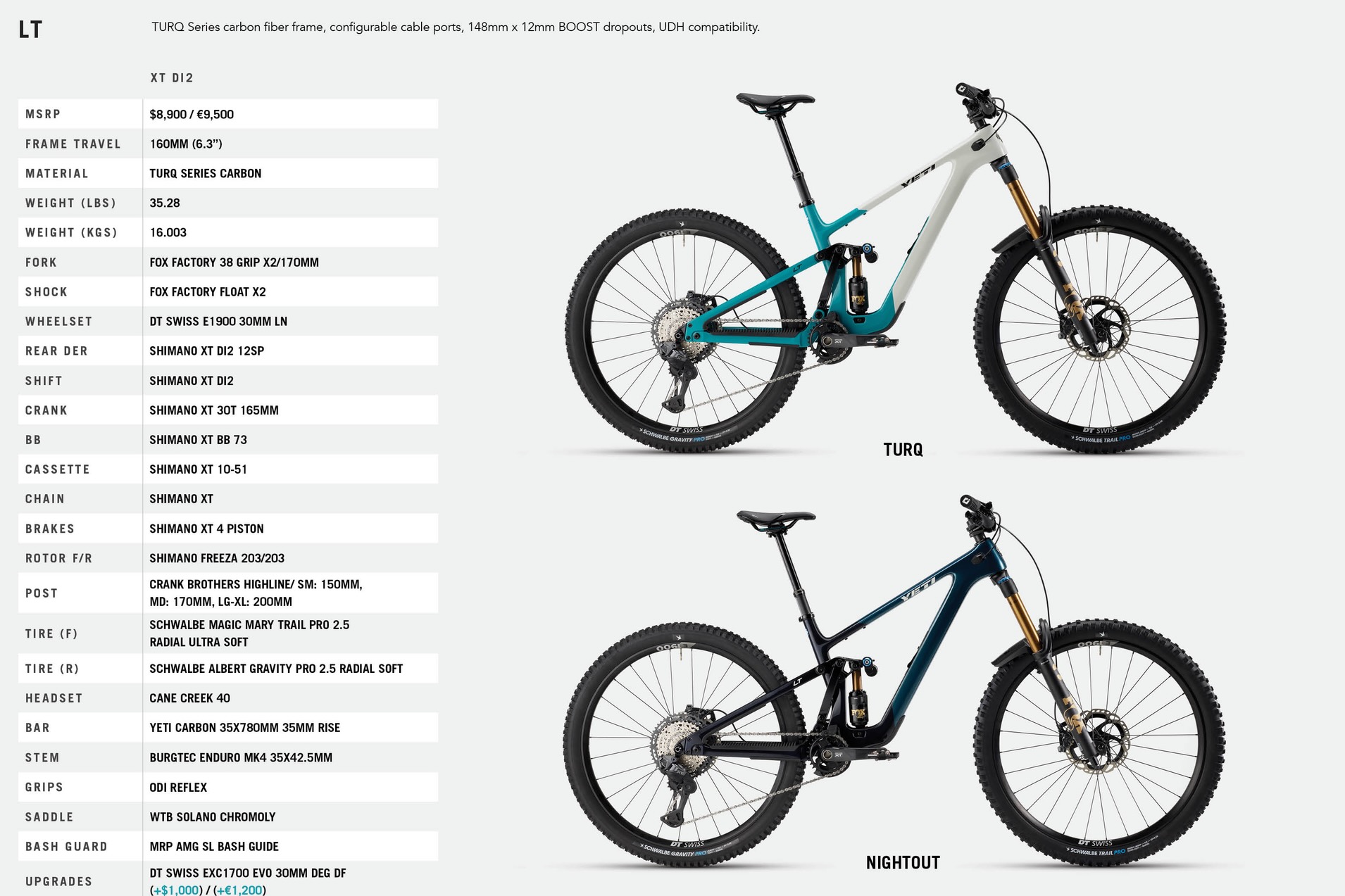 the Yeti LT XT Di2 build spec sheet