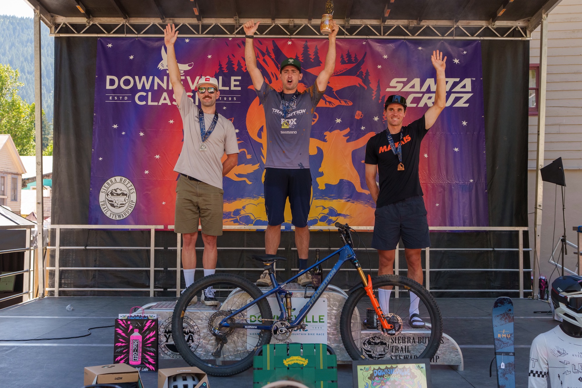 the men's DH podium at the 2026 Downieville Classic.