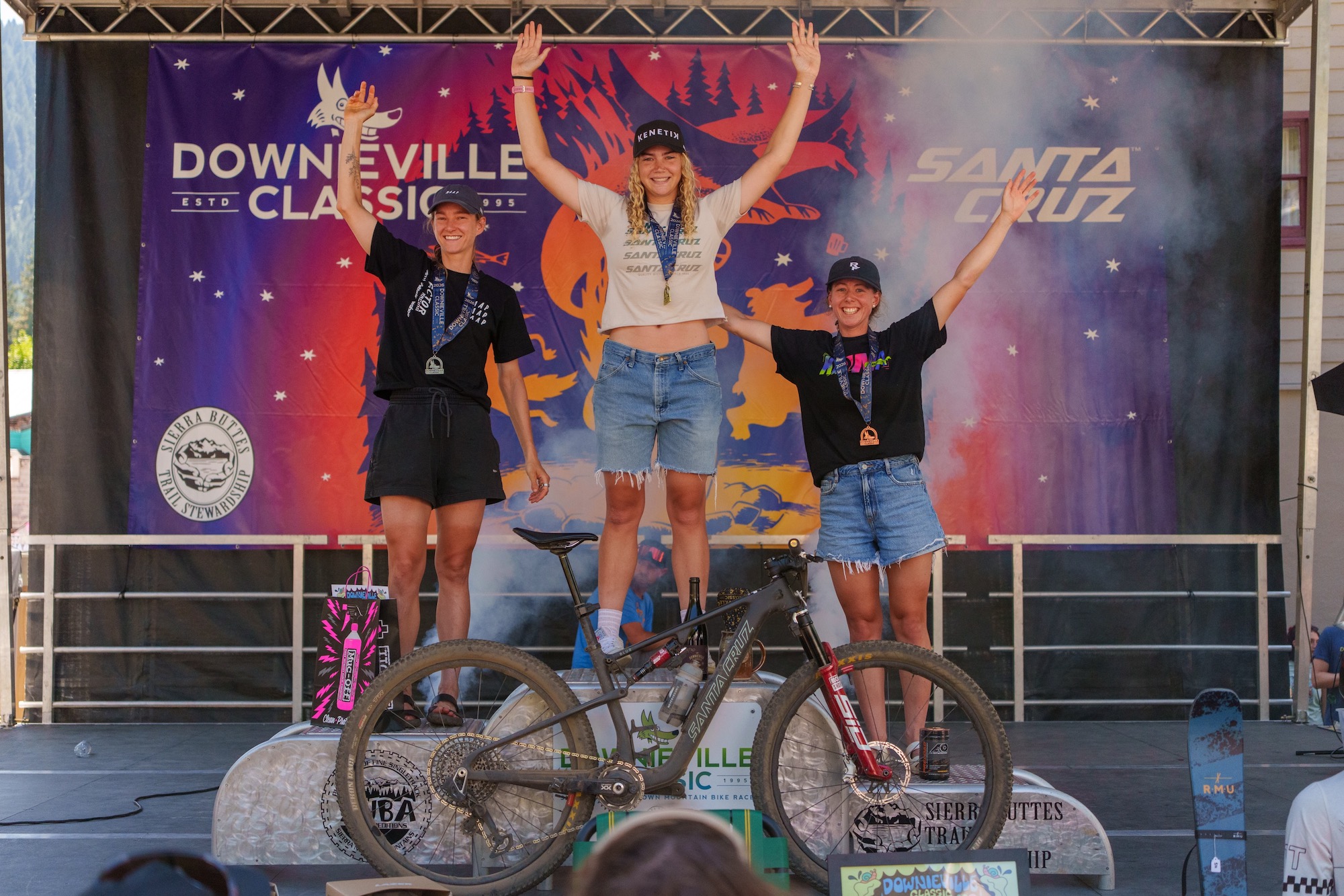 the women's all-mountain podium at the 2026 Downieville Classic.