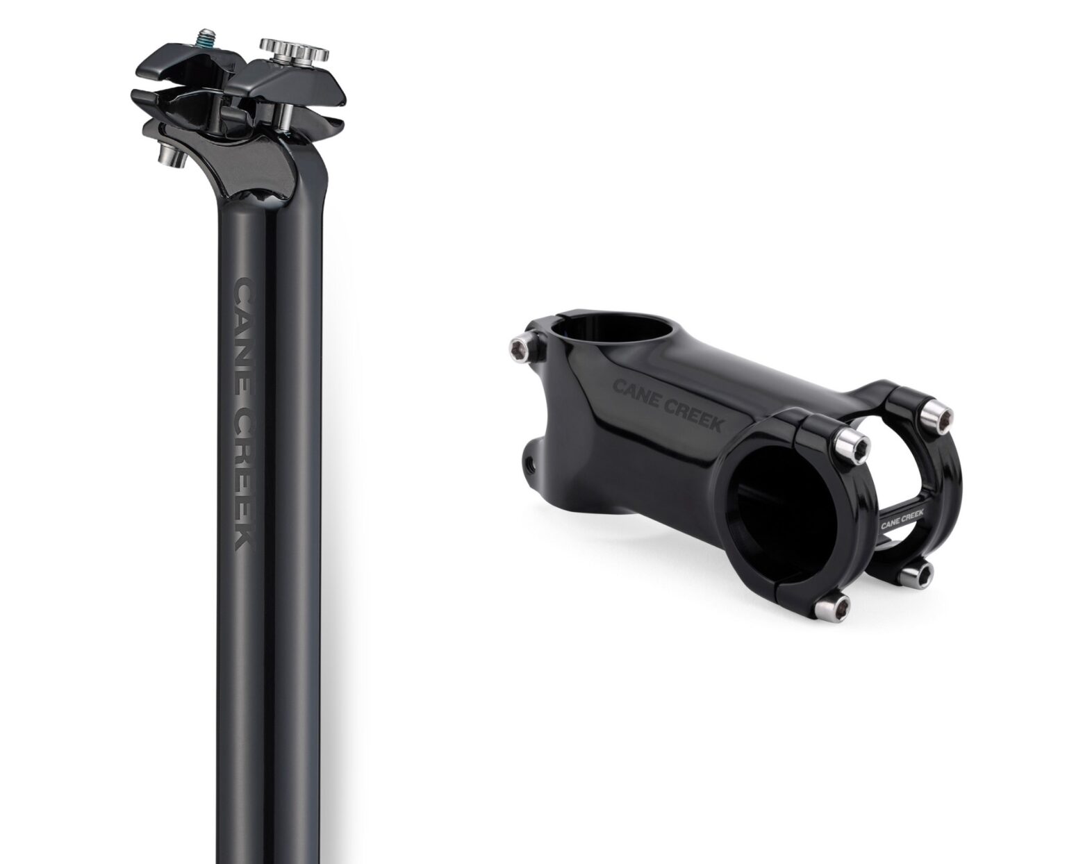 composite image showing the GXC seatpost with the GXC stem, in black