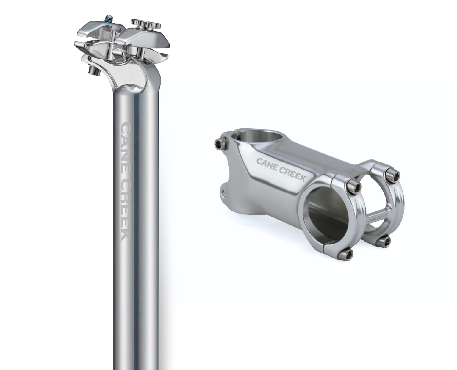 composite image showing the GXC seatpost with the GXC stem, in silver