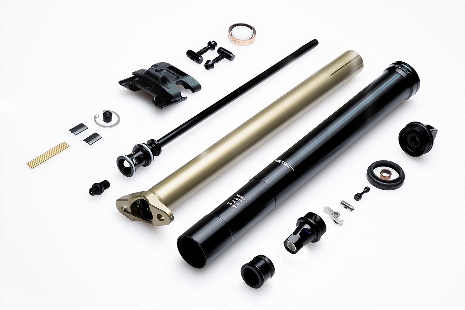 studio image of the Intend Elevator dropper completely disassembled to show all of its parts.