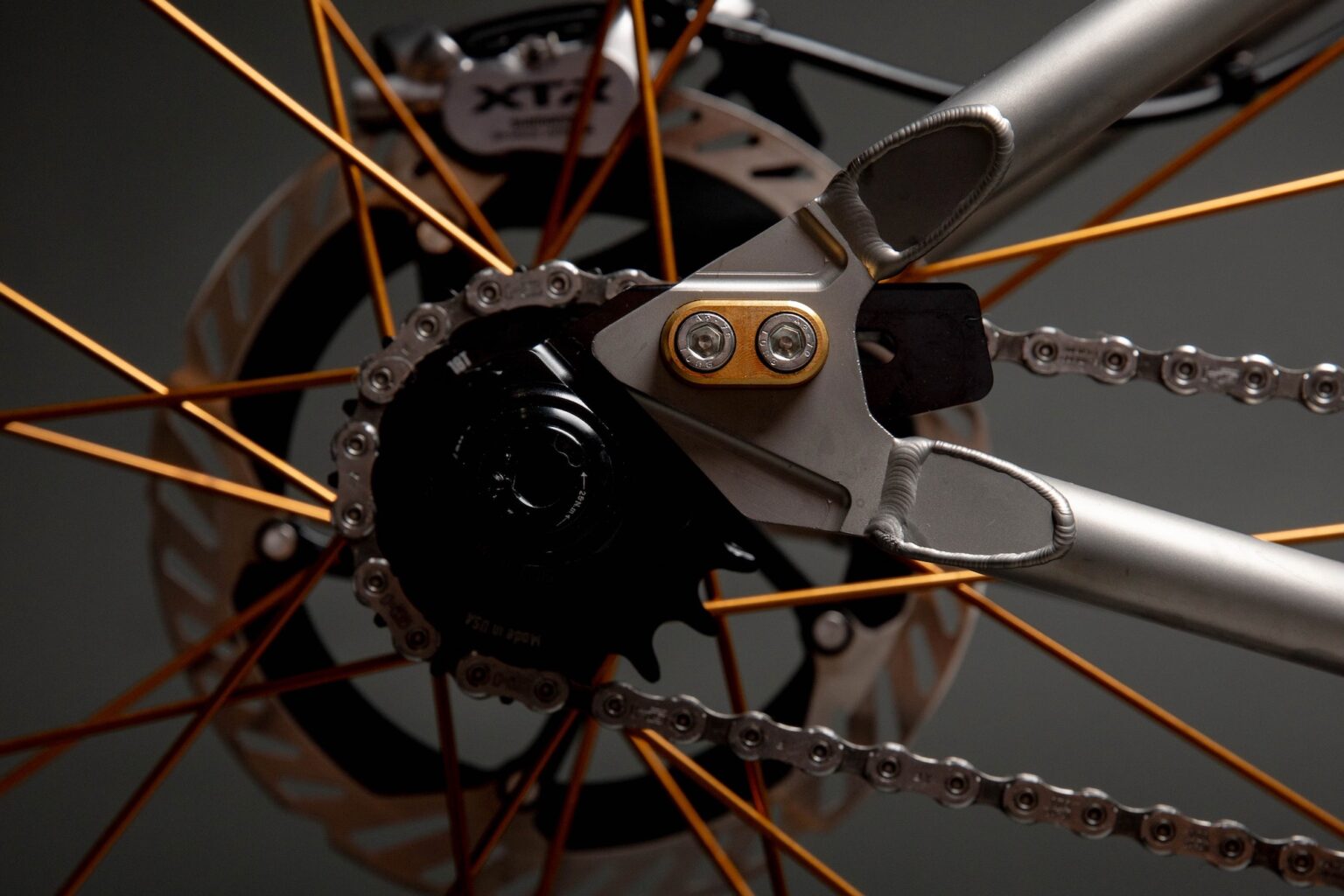 studio image of the sliding dropouts and a singlespeed drivetrain on the Pisgah