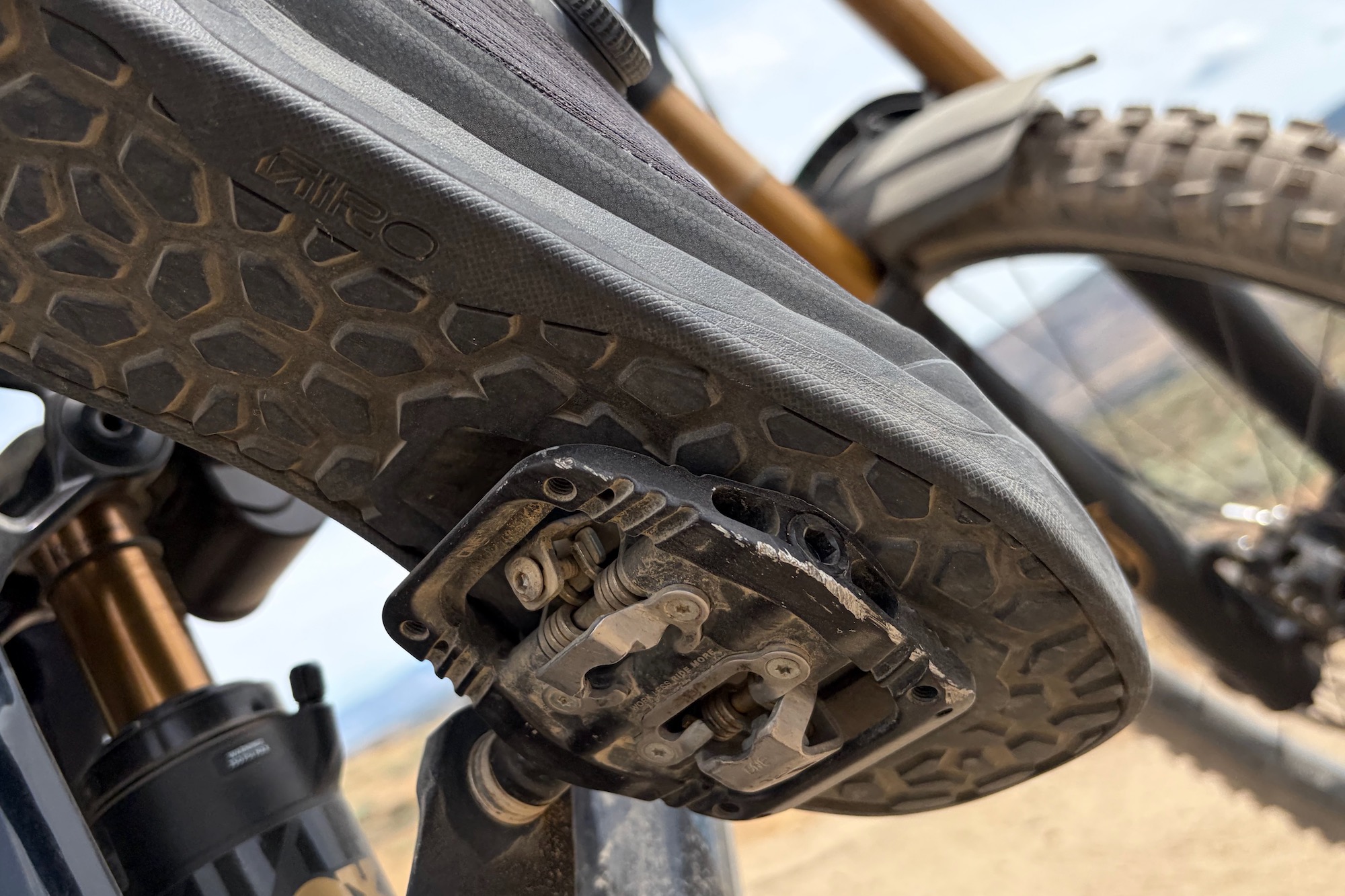 the sole of the giro chamber trail shoes on the OneUp clip pedal