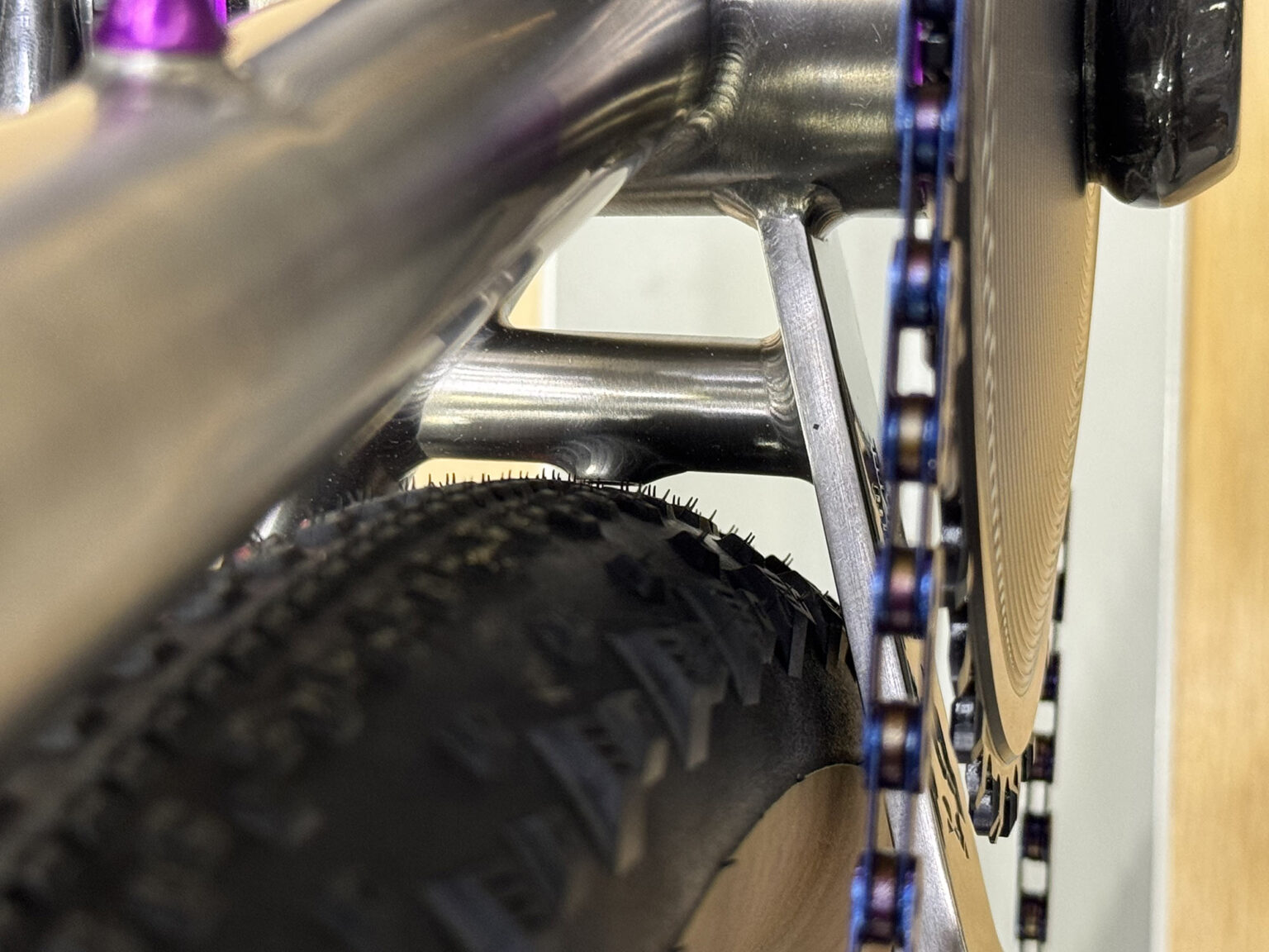 chainstay yoke closeup on donkey label titanium monster gravel bike.