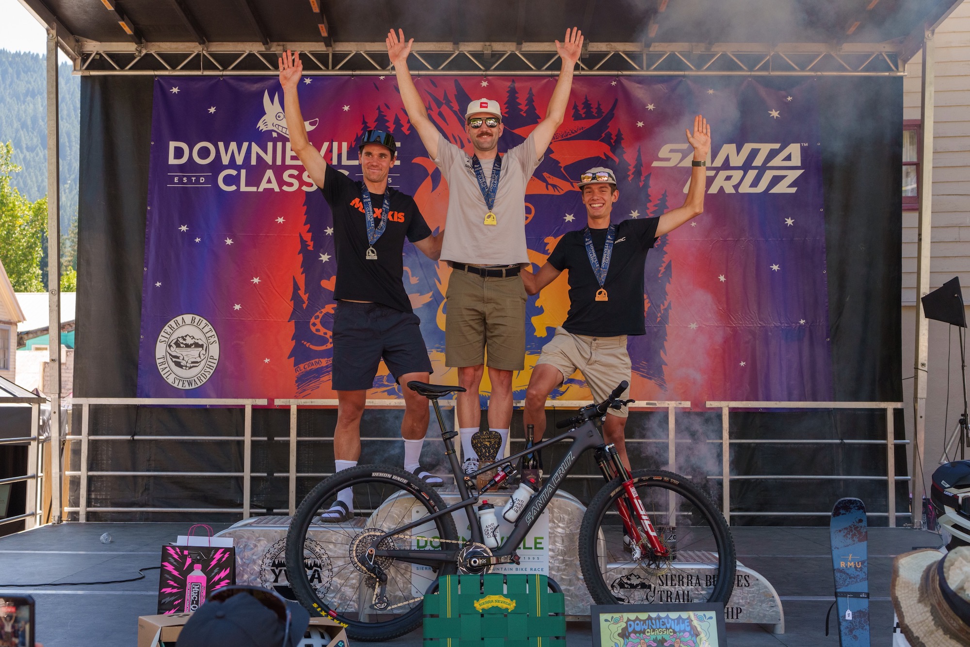 the men's all-mountain podium at the 2026 Downieville Classic.