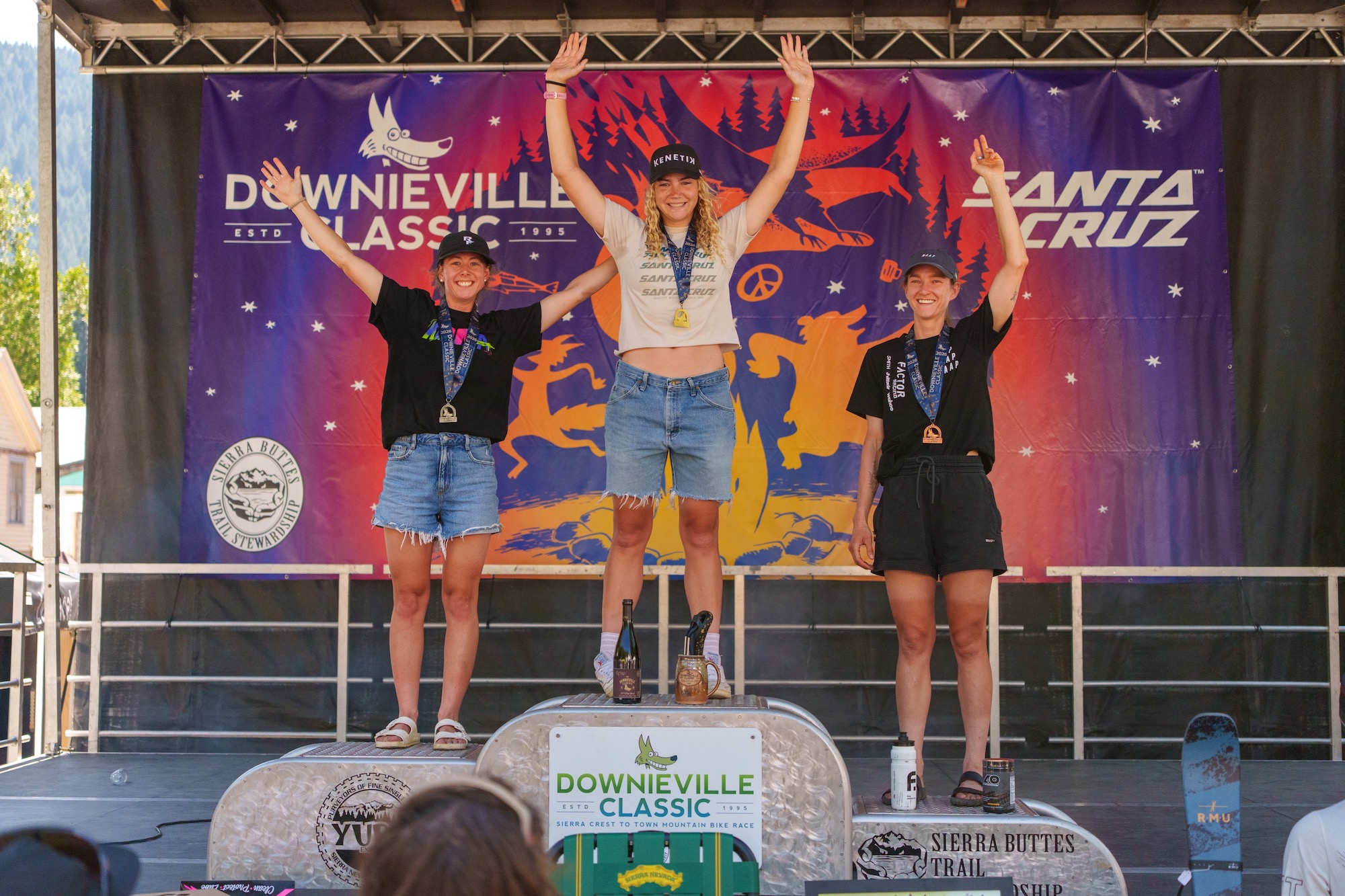 the women's DH podium at the 2026 Downieville Classic.