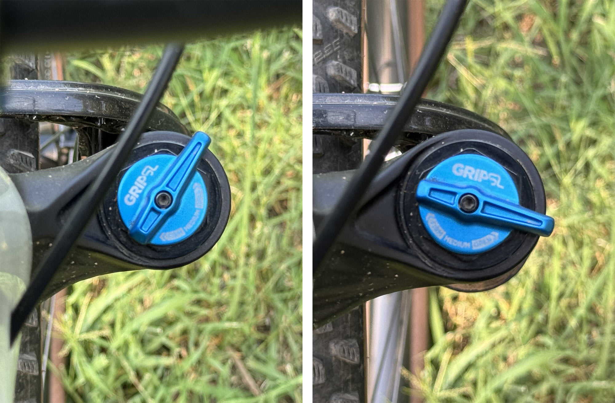 closeup details on fox 34 sl mountain bike fork compression damping knob