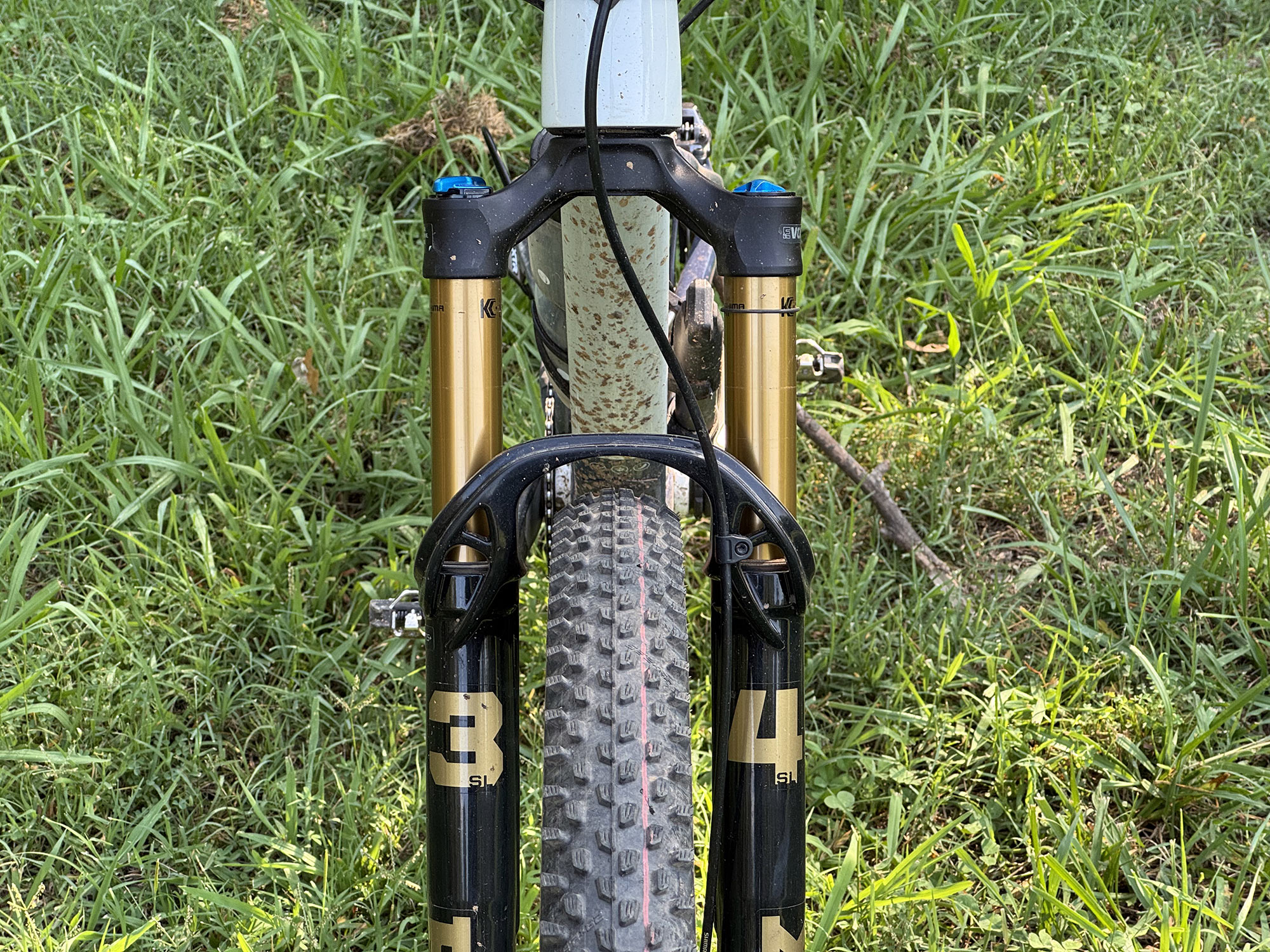 closeup details on fox 34 sl mountain bike fork crown.