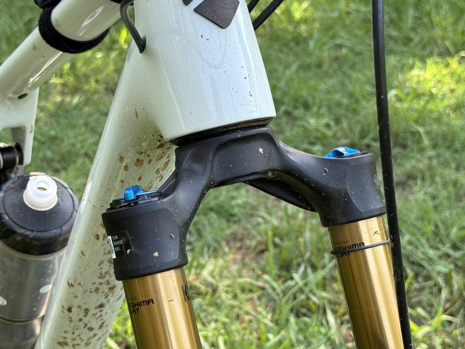 closeup details on fox 34 sl mountain bike fork crown.