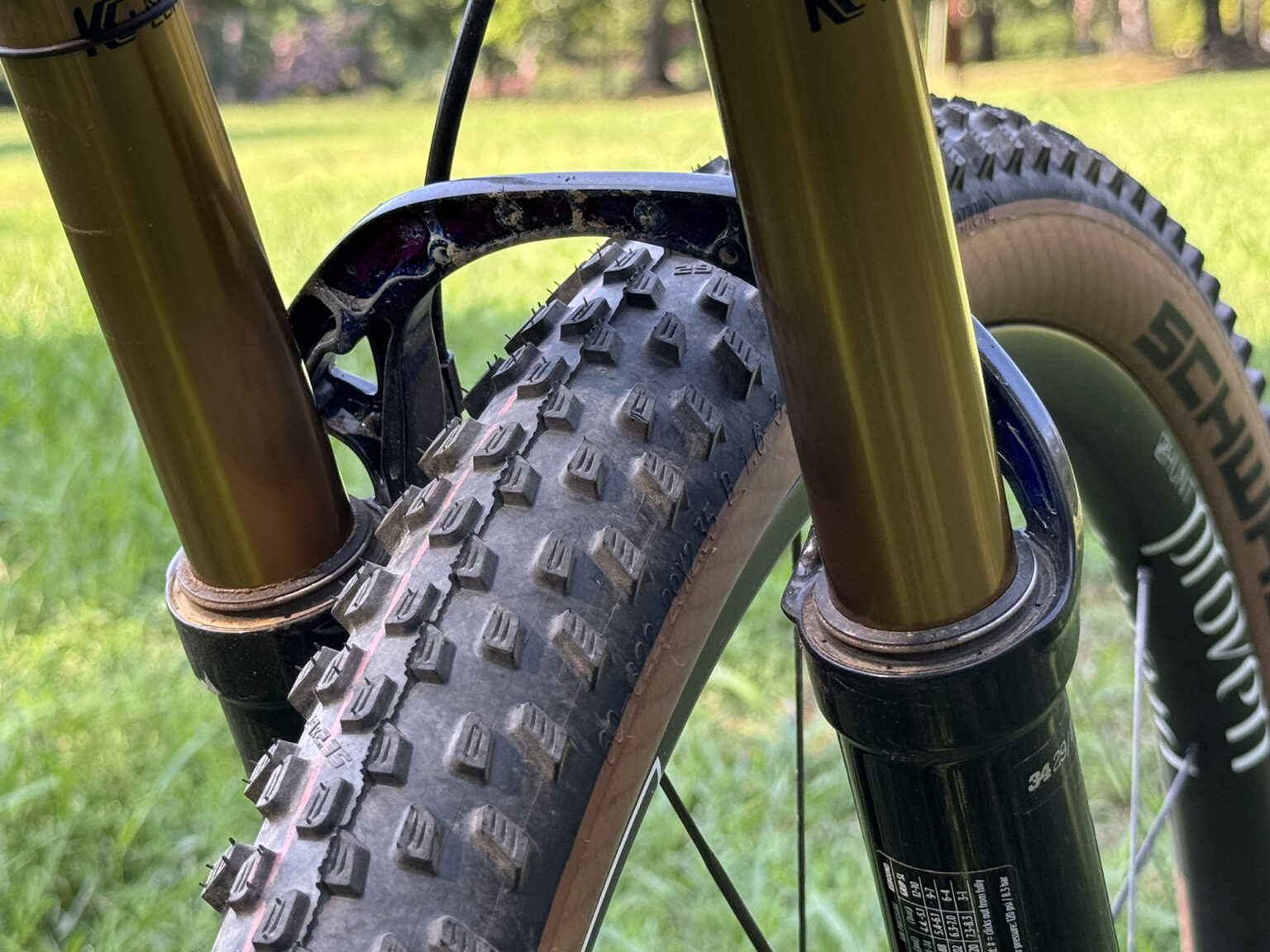 closeup details on fox 34 sl mountain bike fork arch.