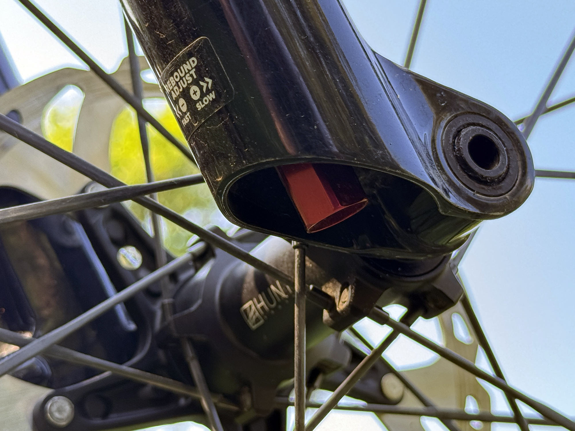 closeup details on fox 34 sl mountain bike fork rebound knob.