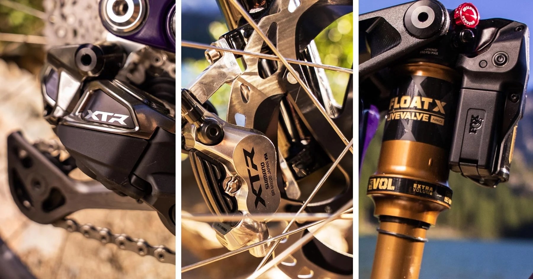 composite image showing the XTR derailleur, brakes, and Fox Live Vlave shock on the Tallboy