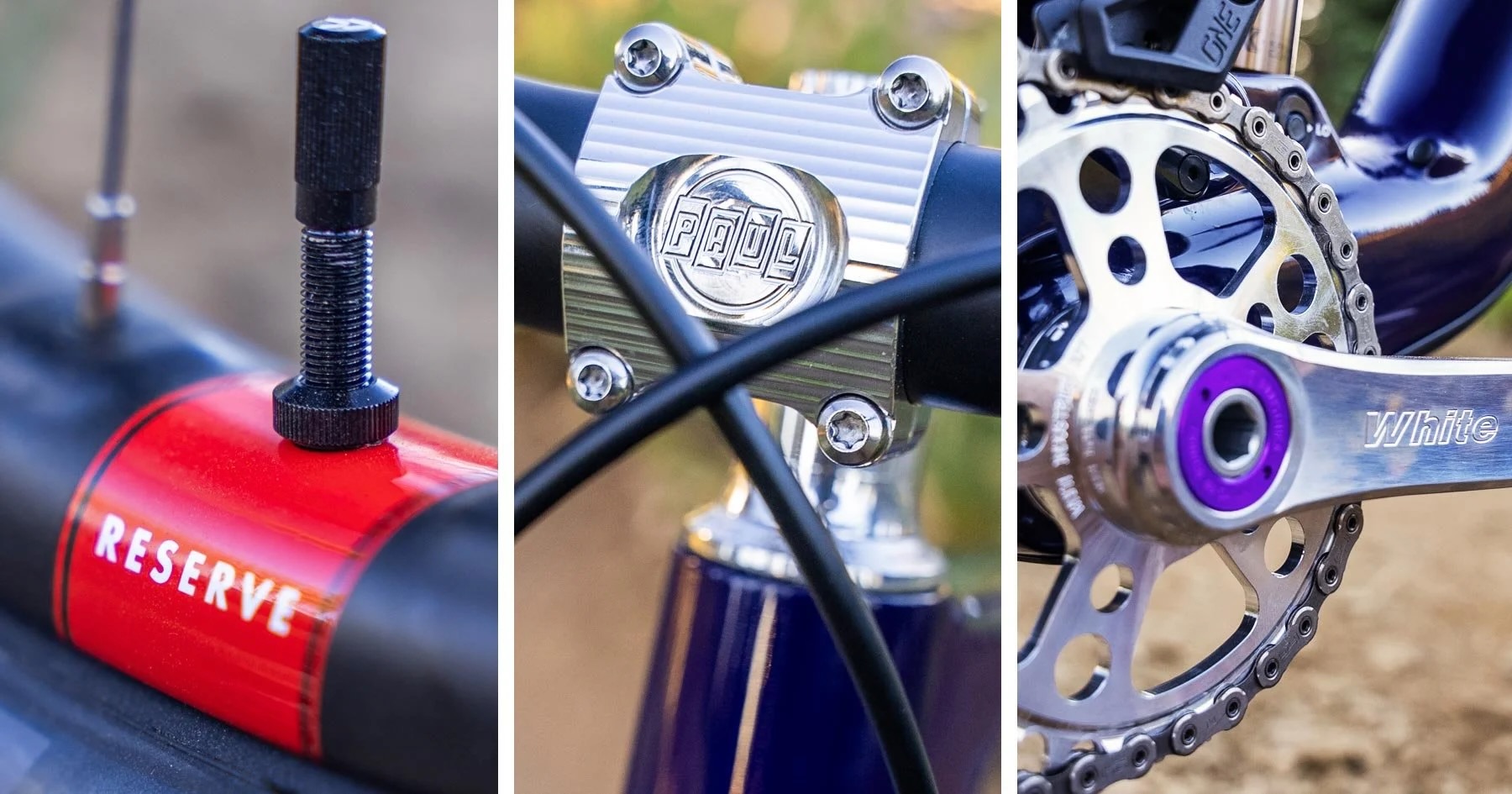 composite image showing the reserve wheels, Paul Component stem, and white industries cranks on the Tallboy.