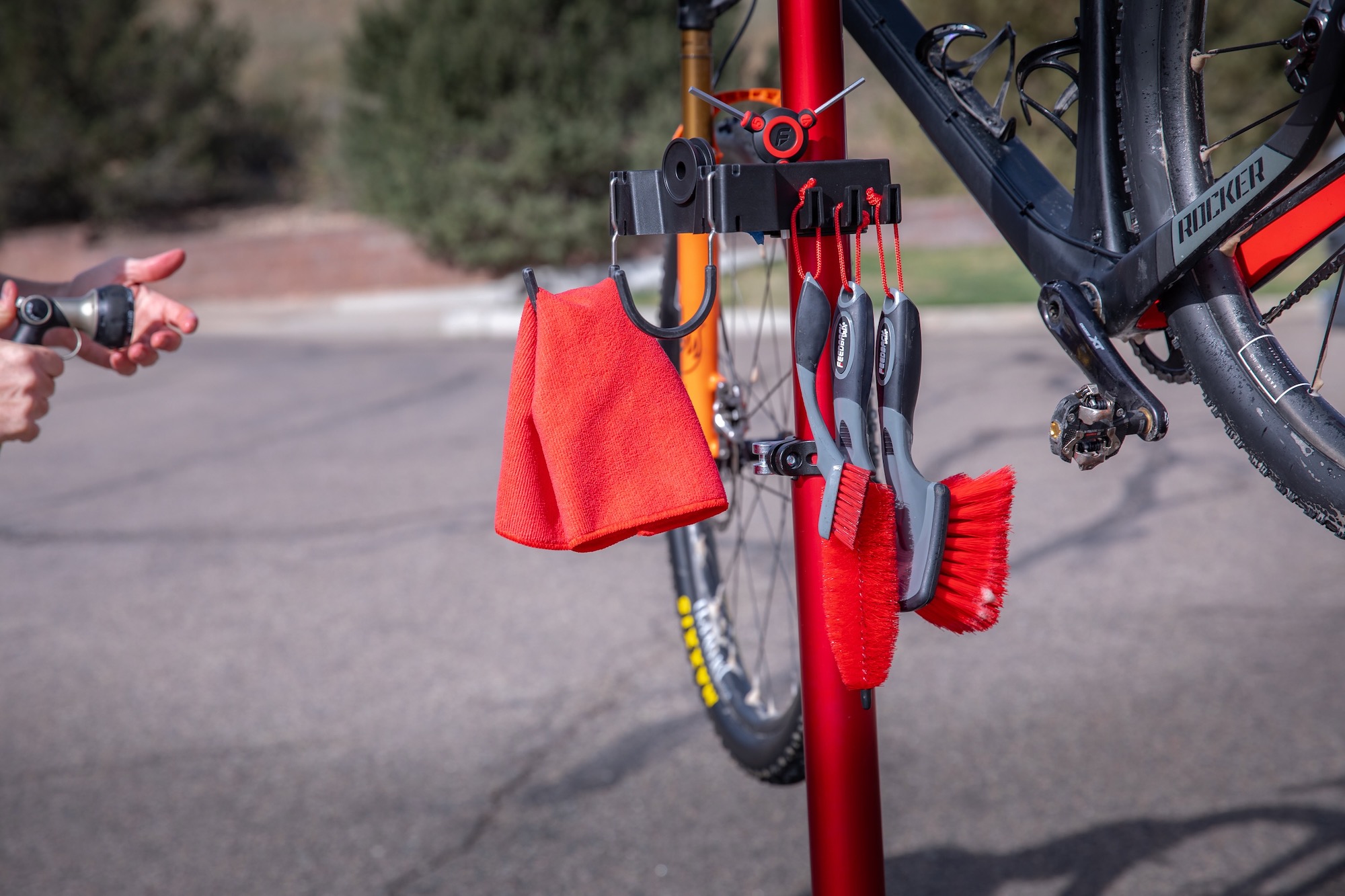 The Brush Bar kit attached to a feedback sports repair stand