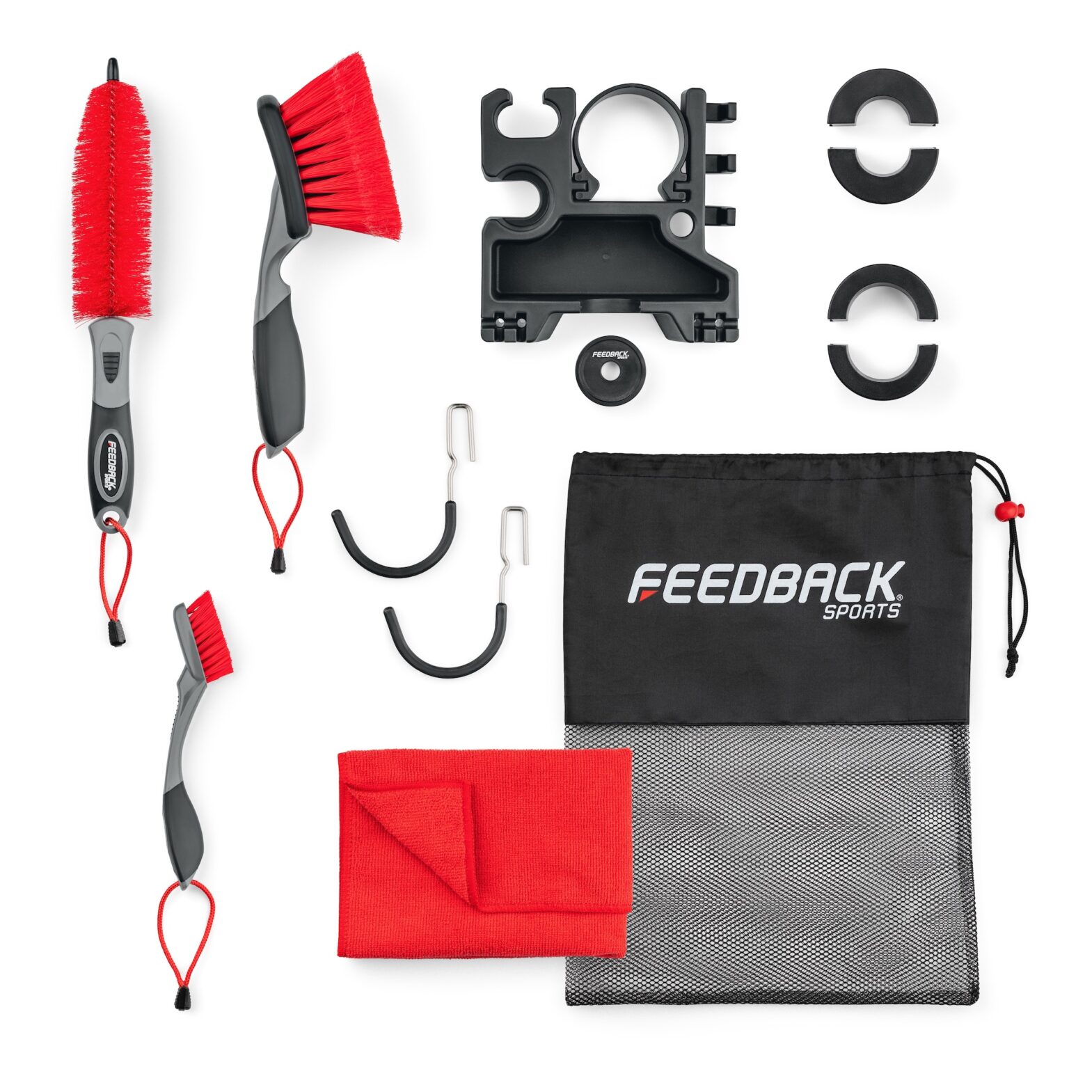 studio image of everything included in the Feedback Sports Brush Bar kit