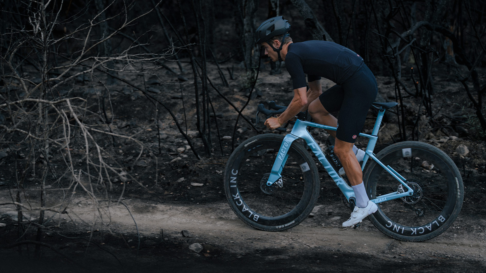 2026 Factor Elara wide-tire aero gravel race bike; riding