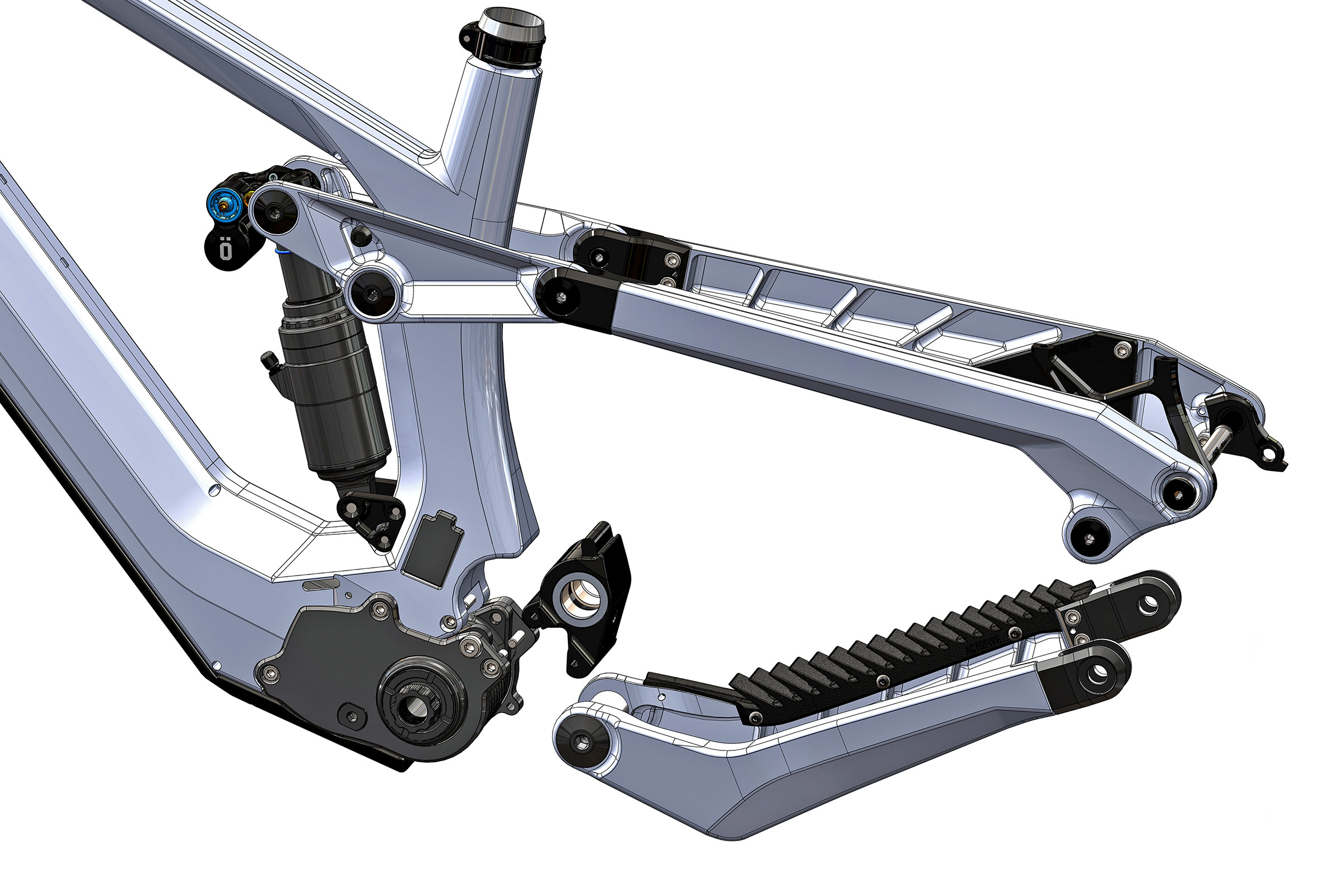 ActoFive modular adjustable eMTB and gearbox mountain bike concept project: exploded rear view