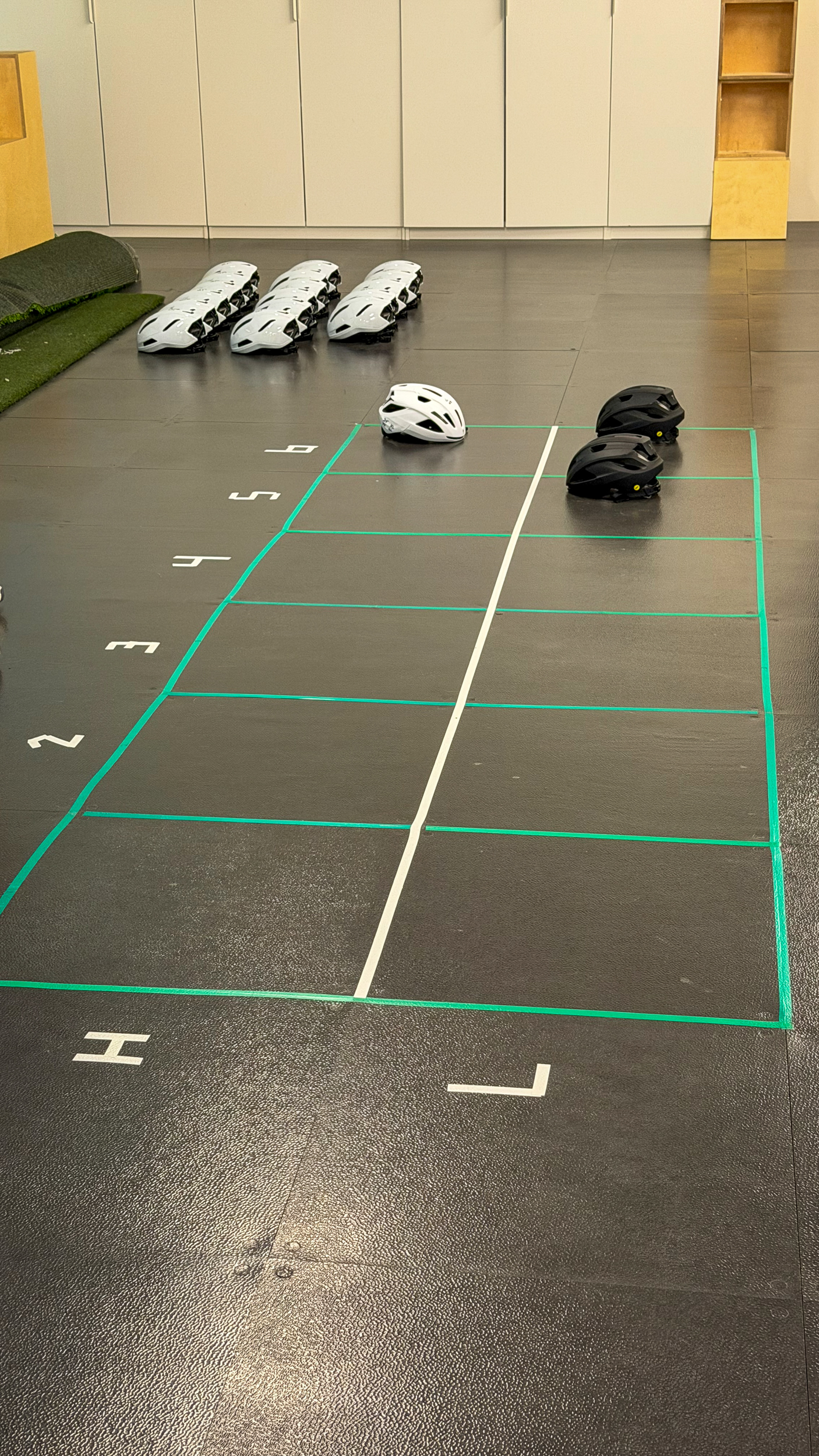 Lining up helmets from testing