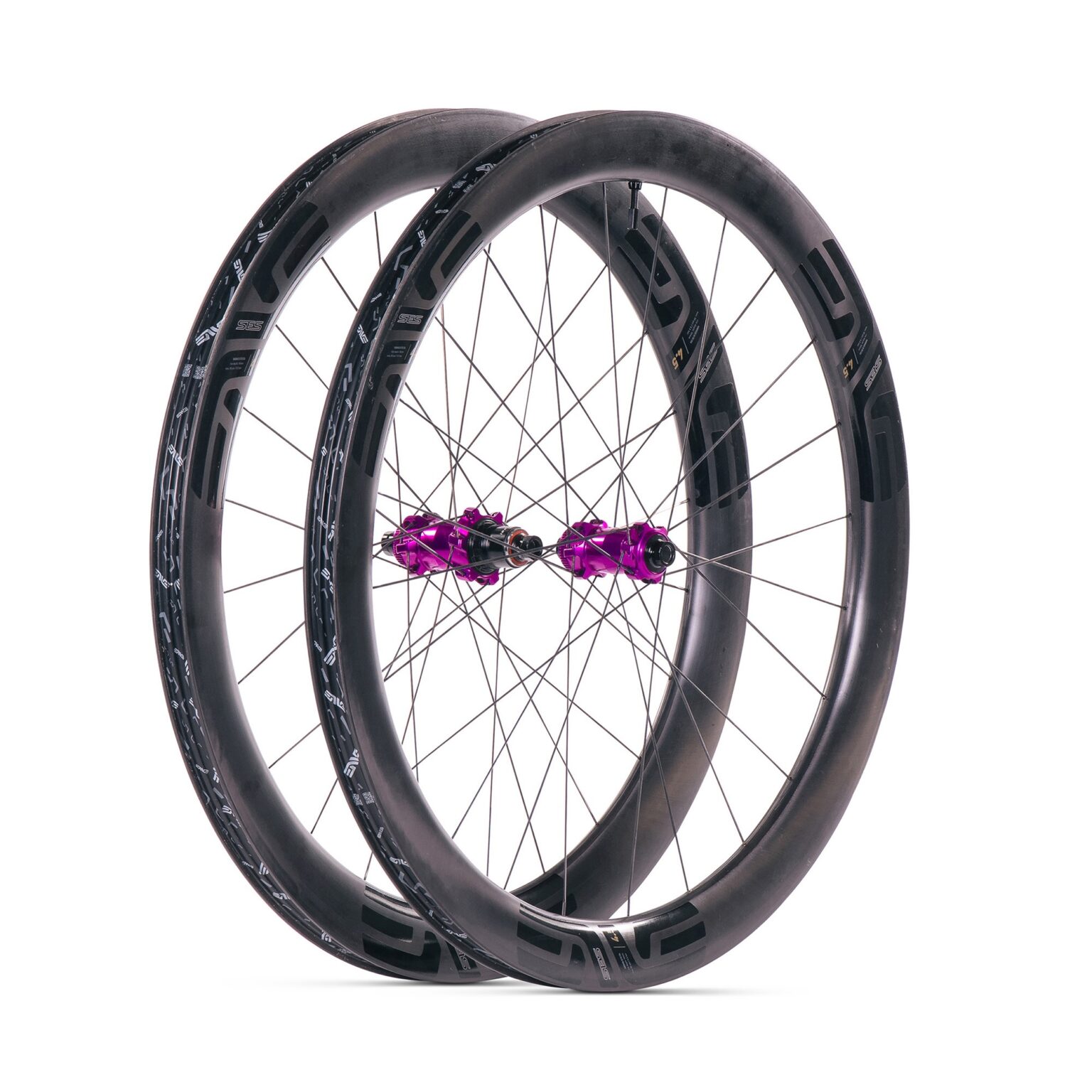 studio image of a complete Enve SES 4.5 wheelset built with Wolf Tooth hubs.