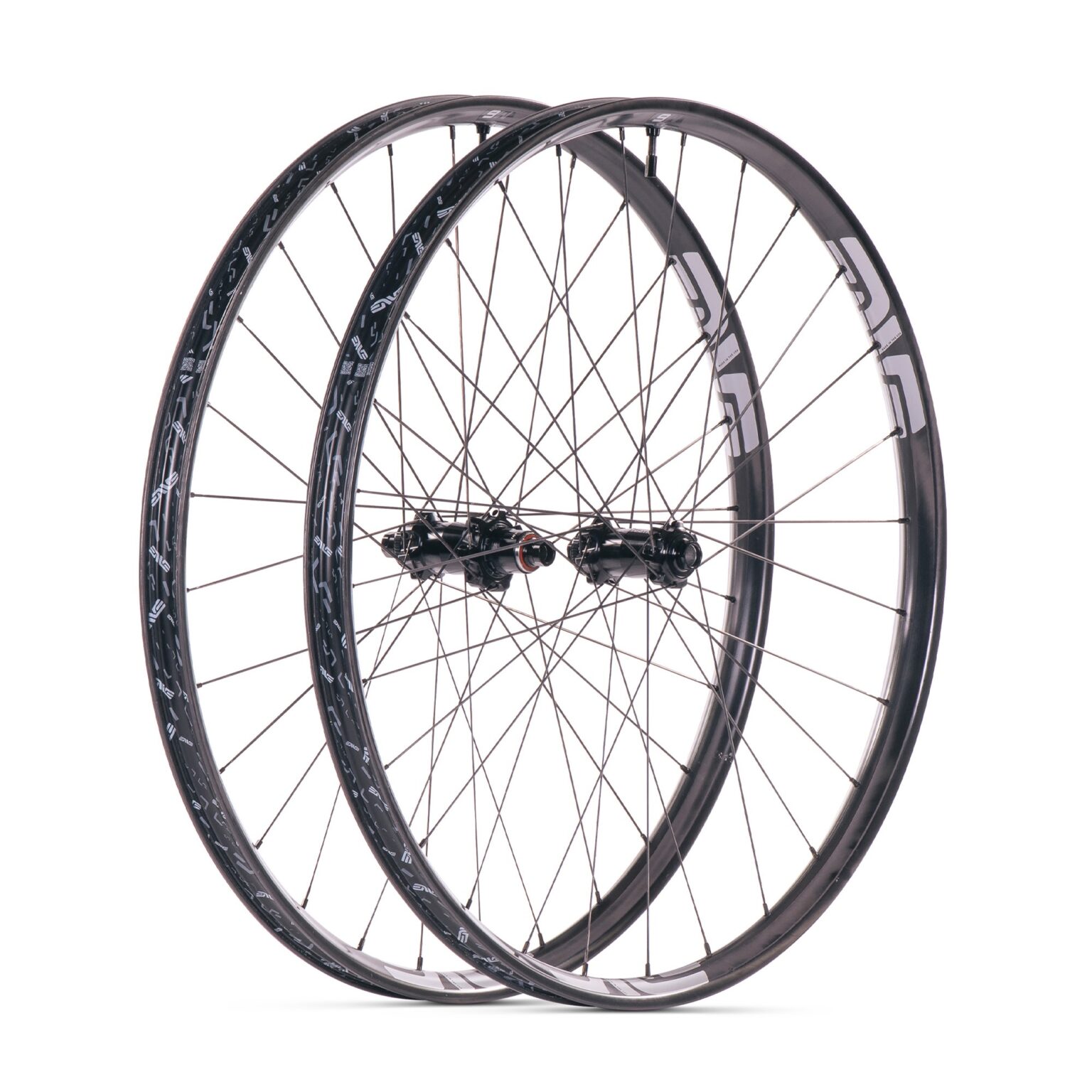 studio image of a complete Enve M6 wheelset built with Wolf Tooth hubs.