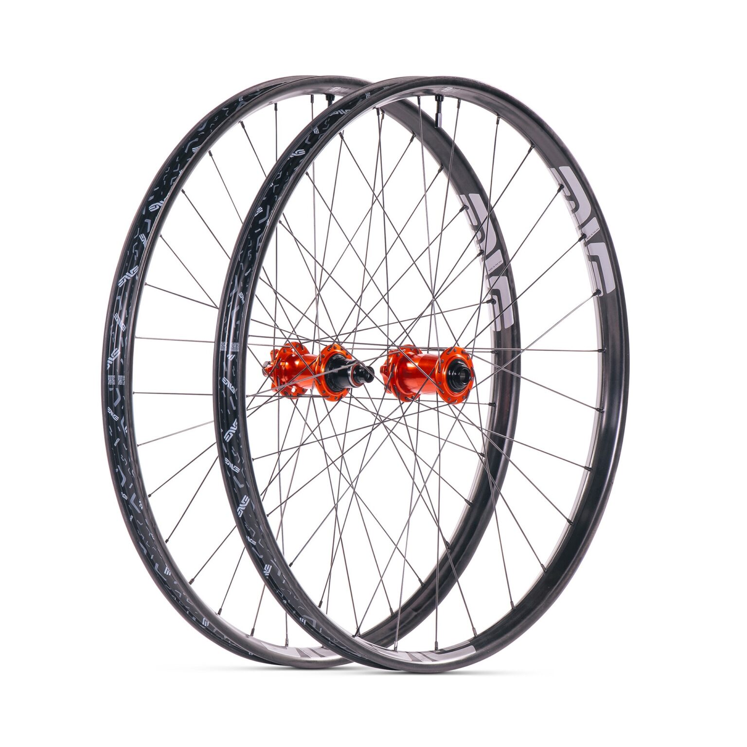 studio image of a complete Enve M8 wheelset built with Wolf Tooth hubs.