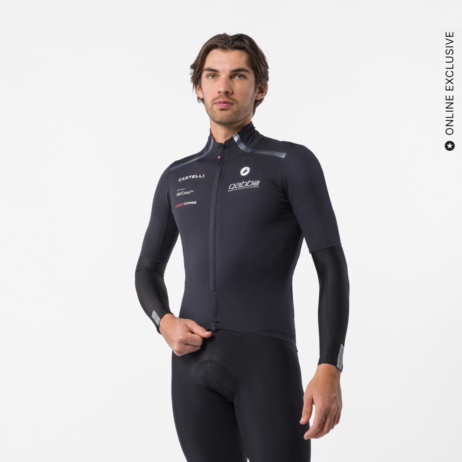 studio image of a man standing in the Gabba Pro Race Edition jacket with arm warmers viewed from the front