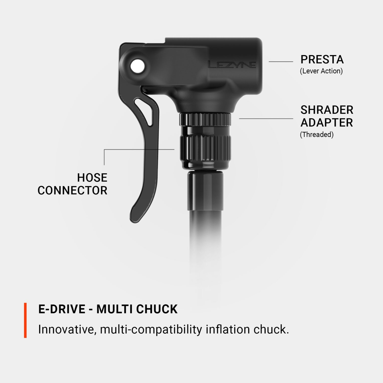 studio image showing the presta head and extension hose.