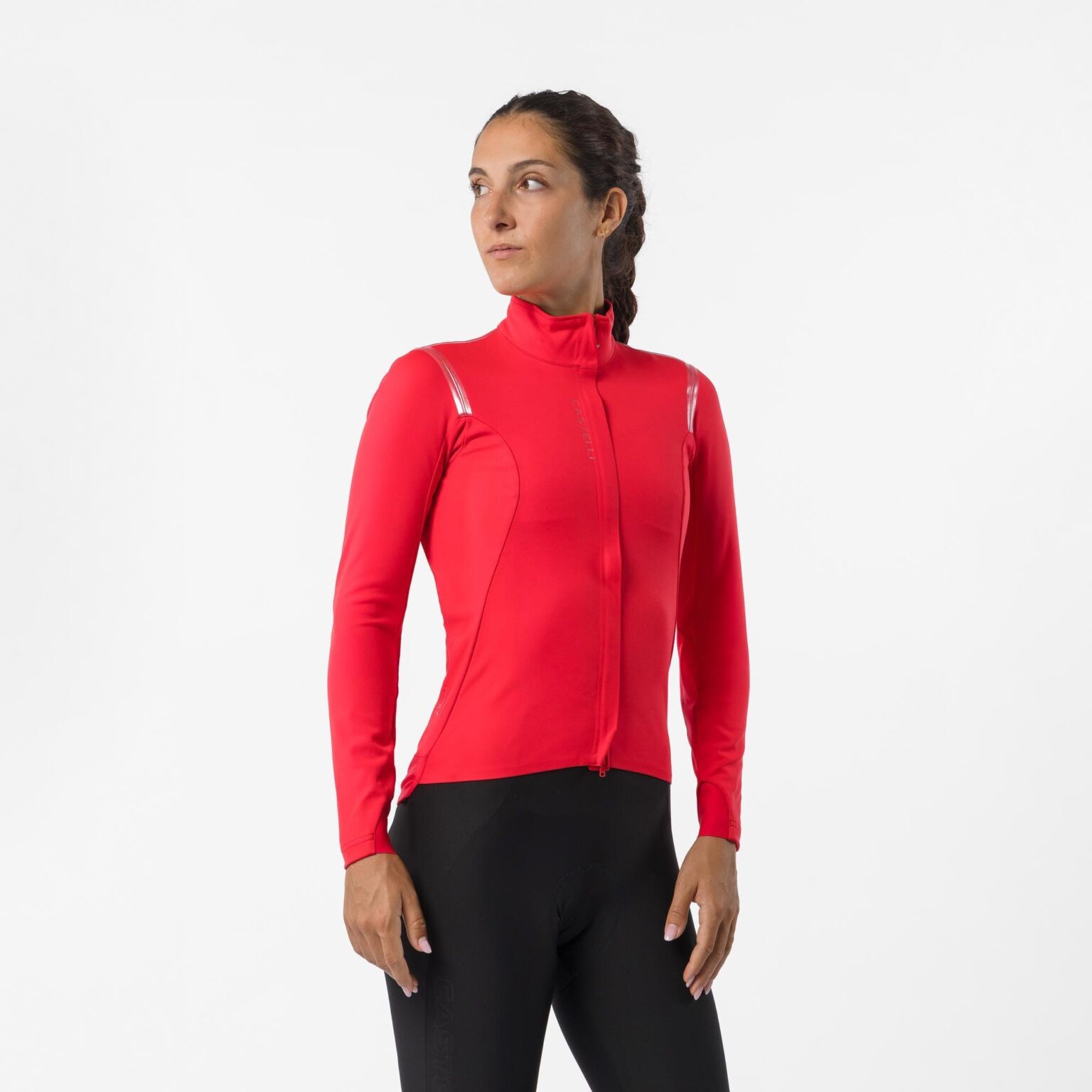 studio image of a woman standing wearing the new Castelli Perfetto 4 jacket viewed from the front