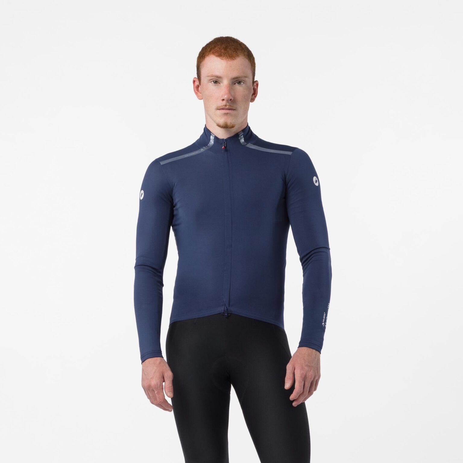 studio image of a man standing wearing the new Castelli Perfetto Pro jacket viewed from the front