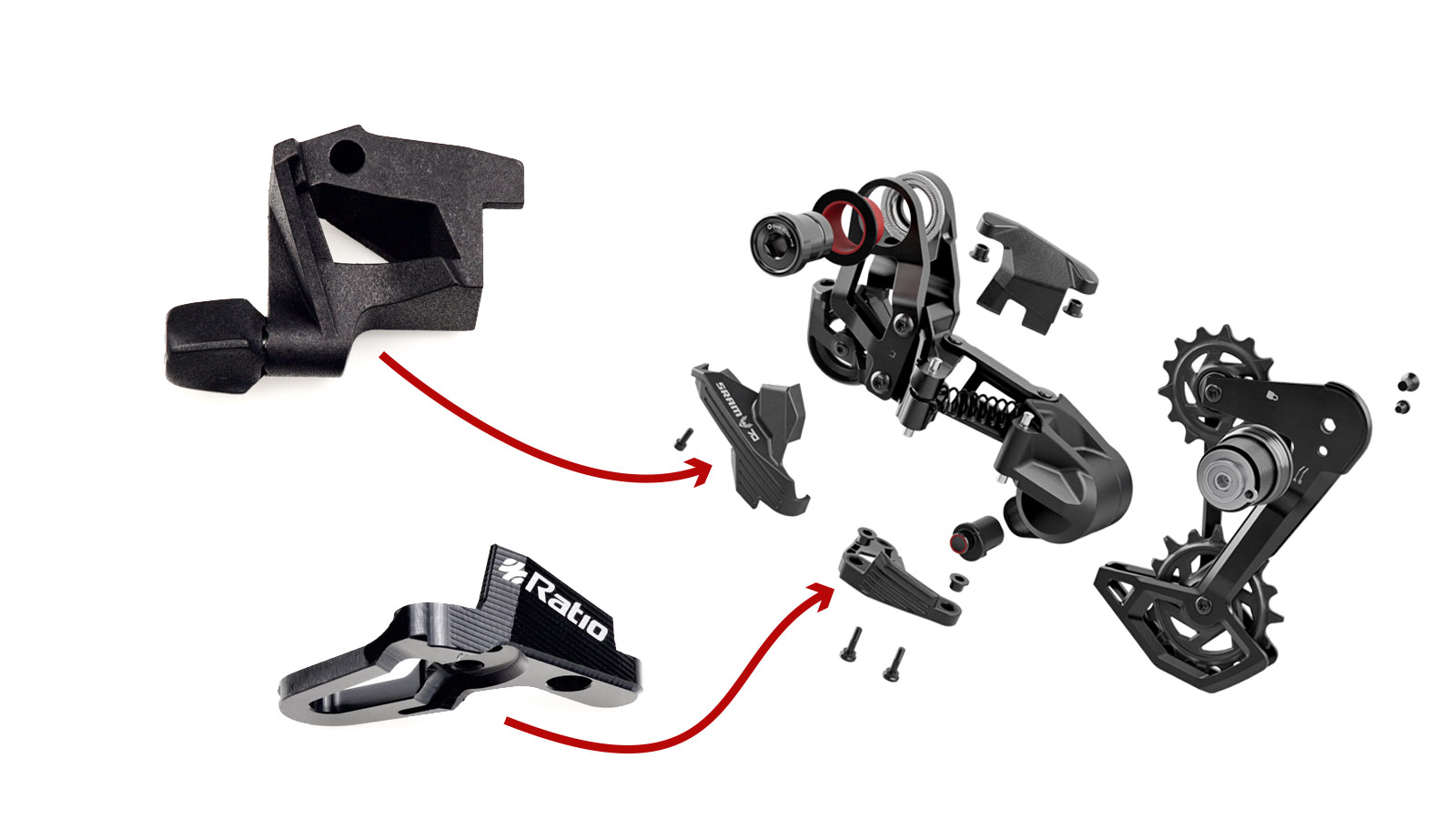 Ratio Drop Bar Conversion kit replaced two parts on mechanical SRAM Eagle 70 & Eagle 90 T-Type Transmission MTB derailleurs