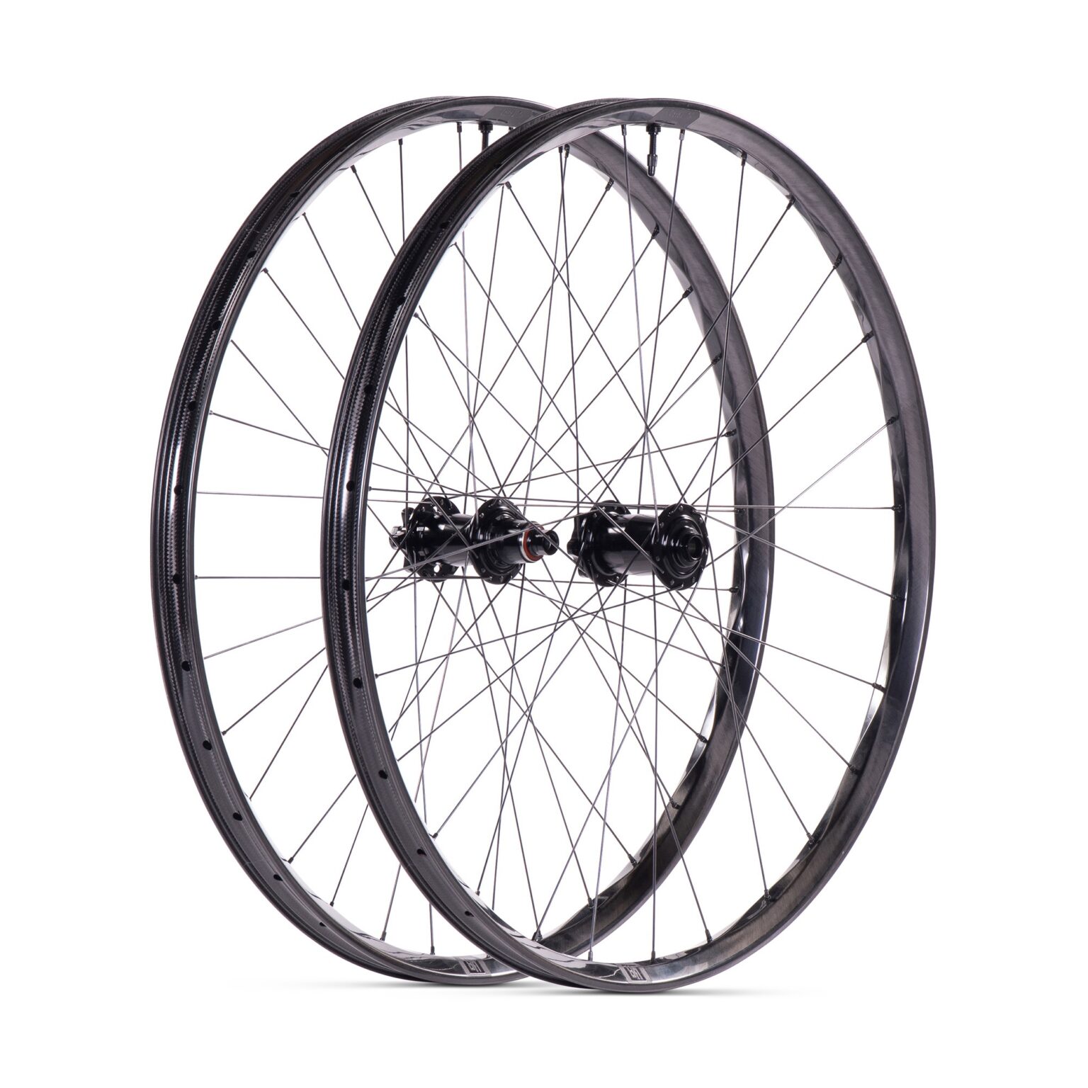 studio image of a complete We Are One Triad 29" wheelset built with Wolf Tooth hubs.