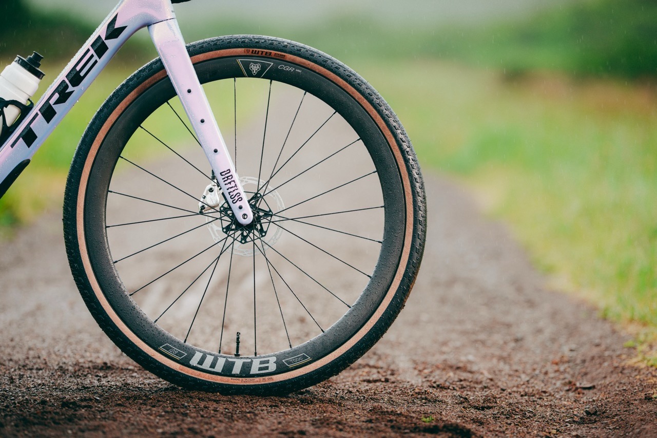 the WTB CGR i28 front wheel on a gravel bike with a modern, wide tire.