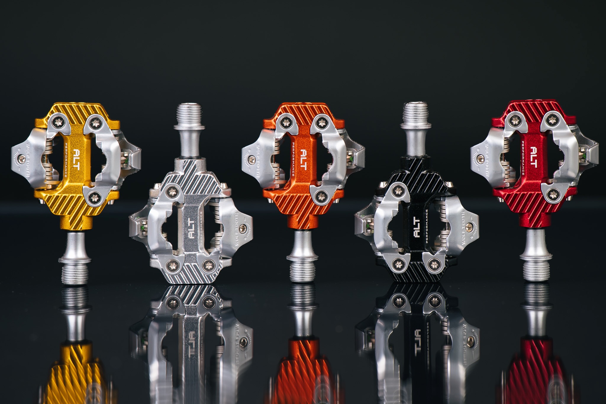 studio image showing all five of the colors for the ALT Performance pedals