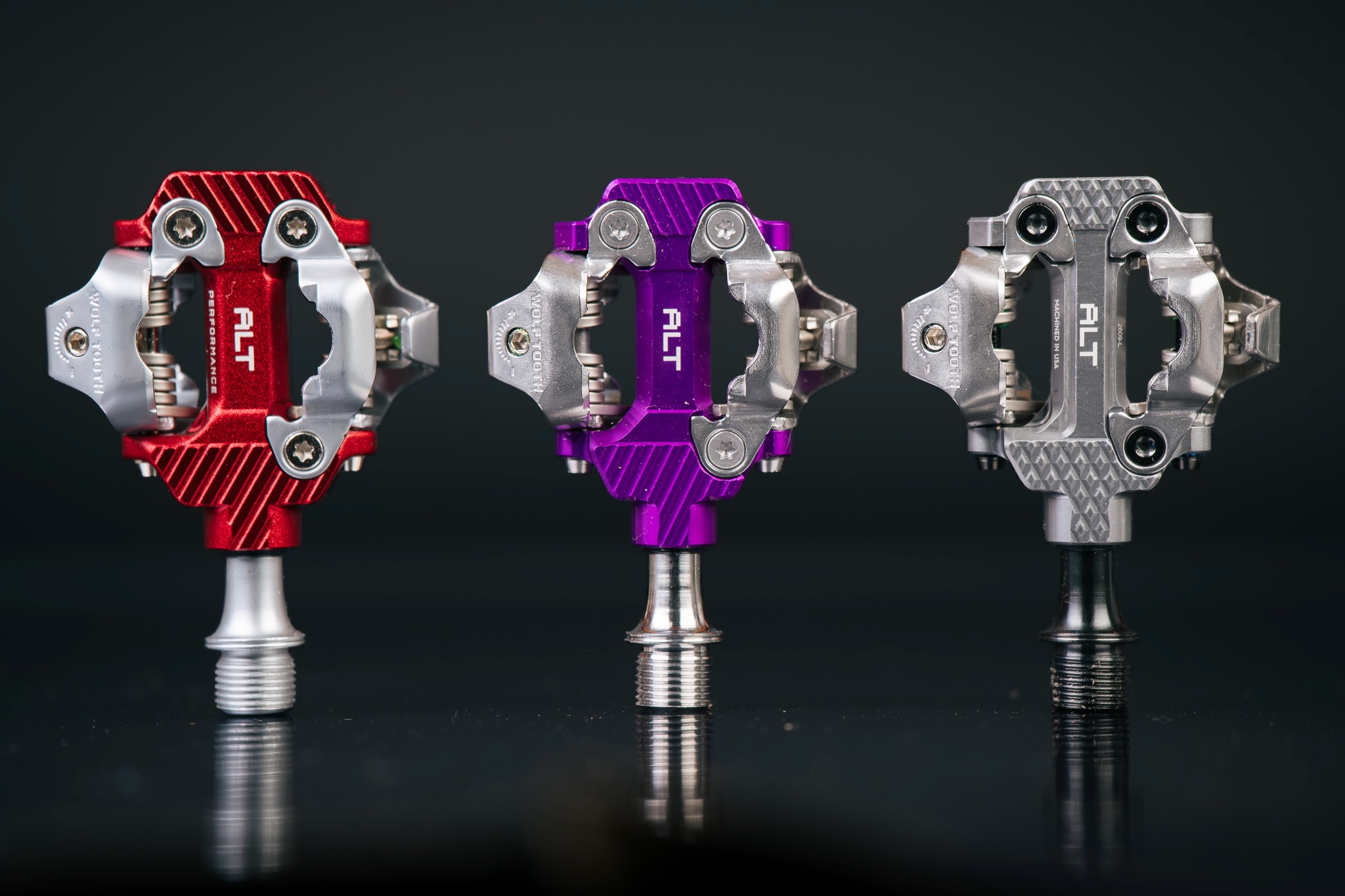 studio image showing all three tiers of the Wolf Tooth ALT XC Pedals