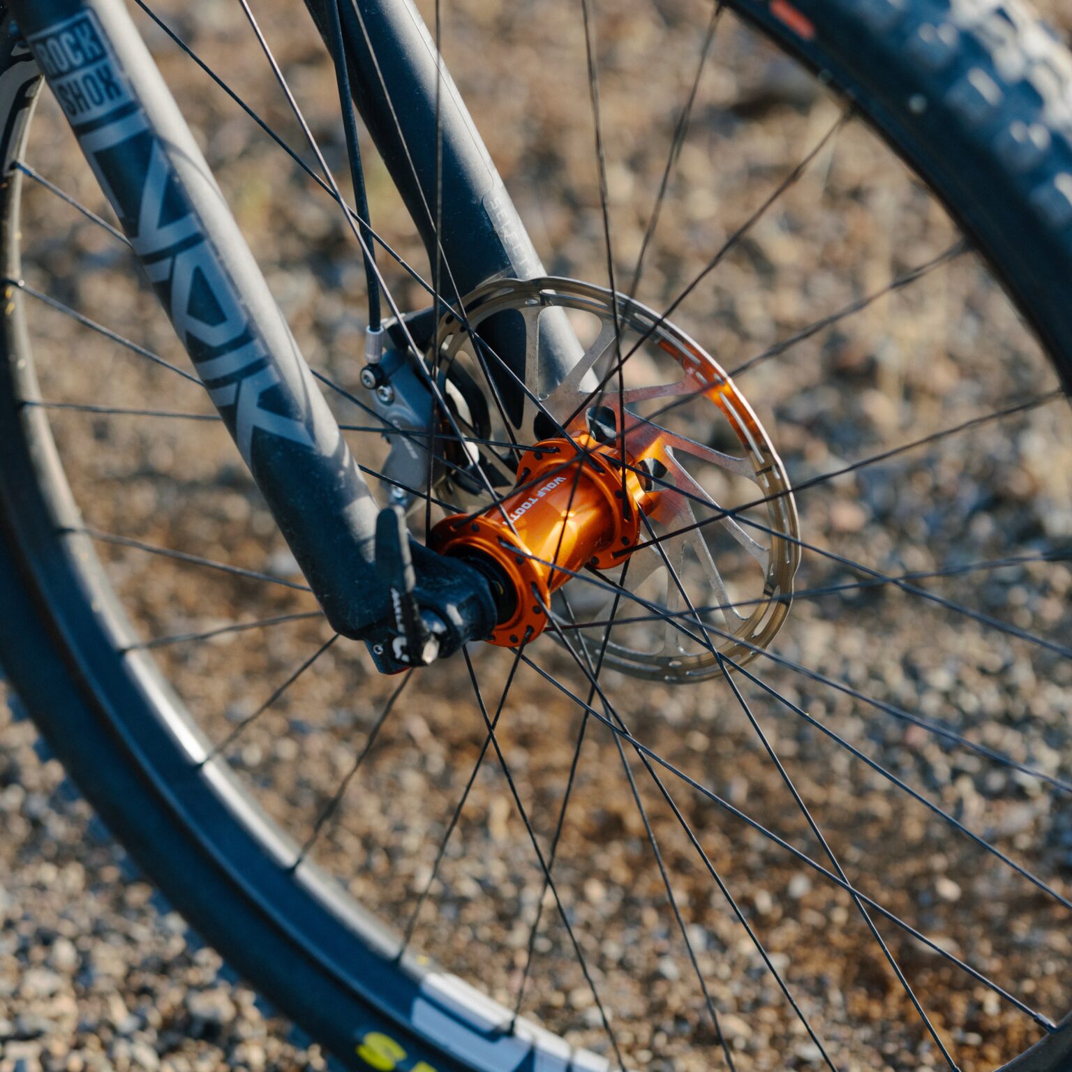 an outdoor image of the front J-bend Wolf Tooth Hub on a mountain bike