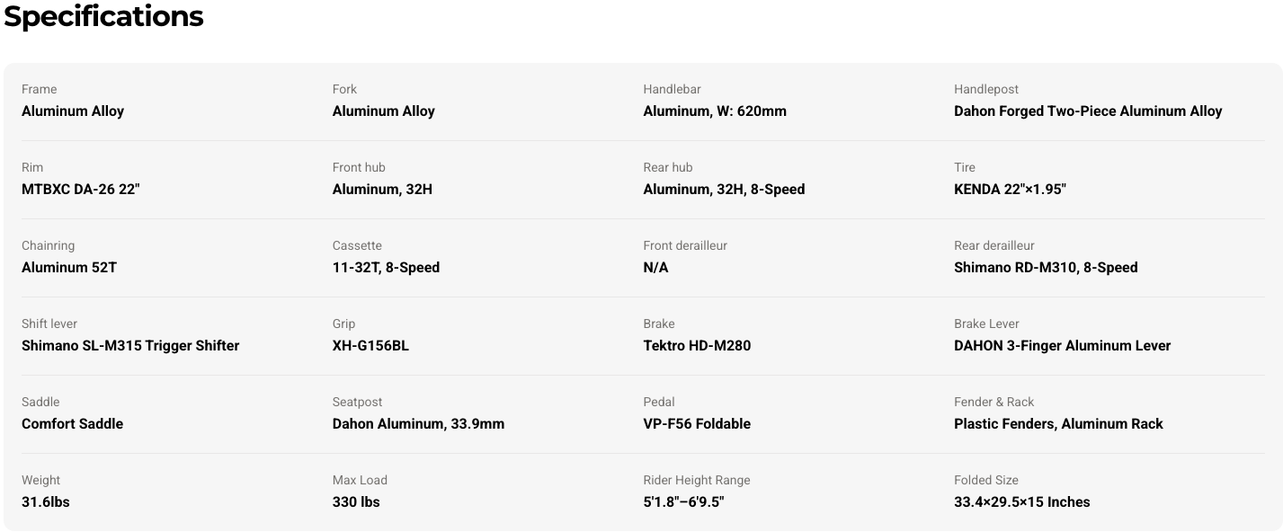 screenshot of the Dahon Mariner XL specs chart