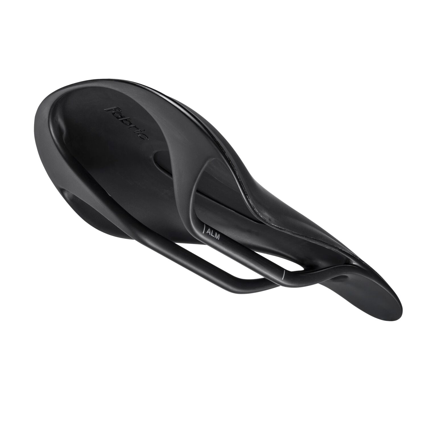 studio profile image of the Fabric ALM:HALO bike saddle from below and at an angle