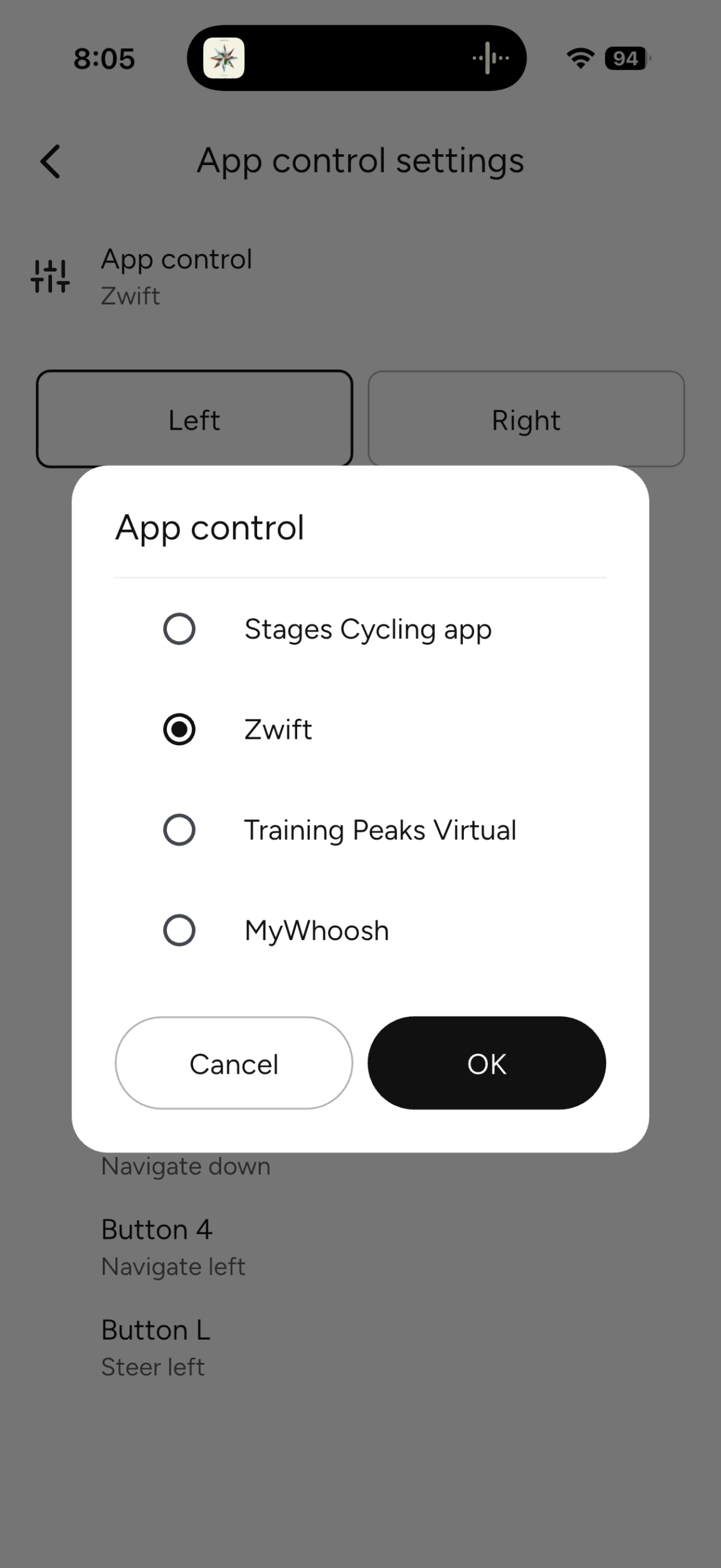 Stages SB200 button assignment for Zwift