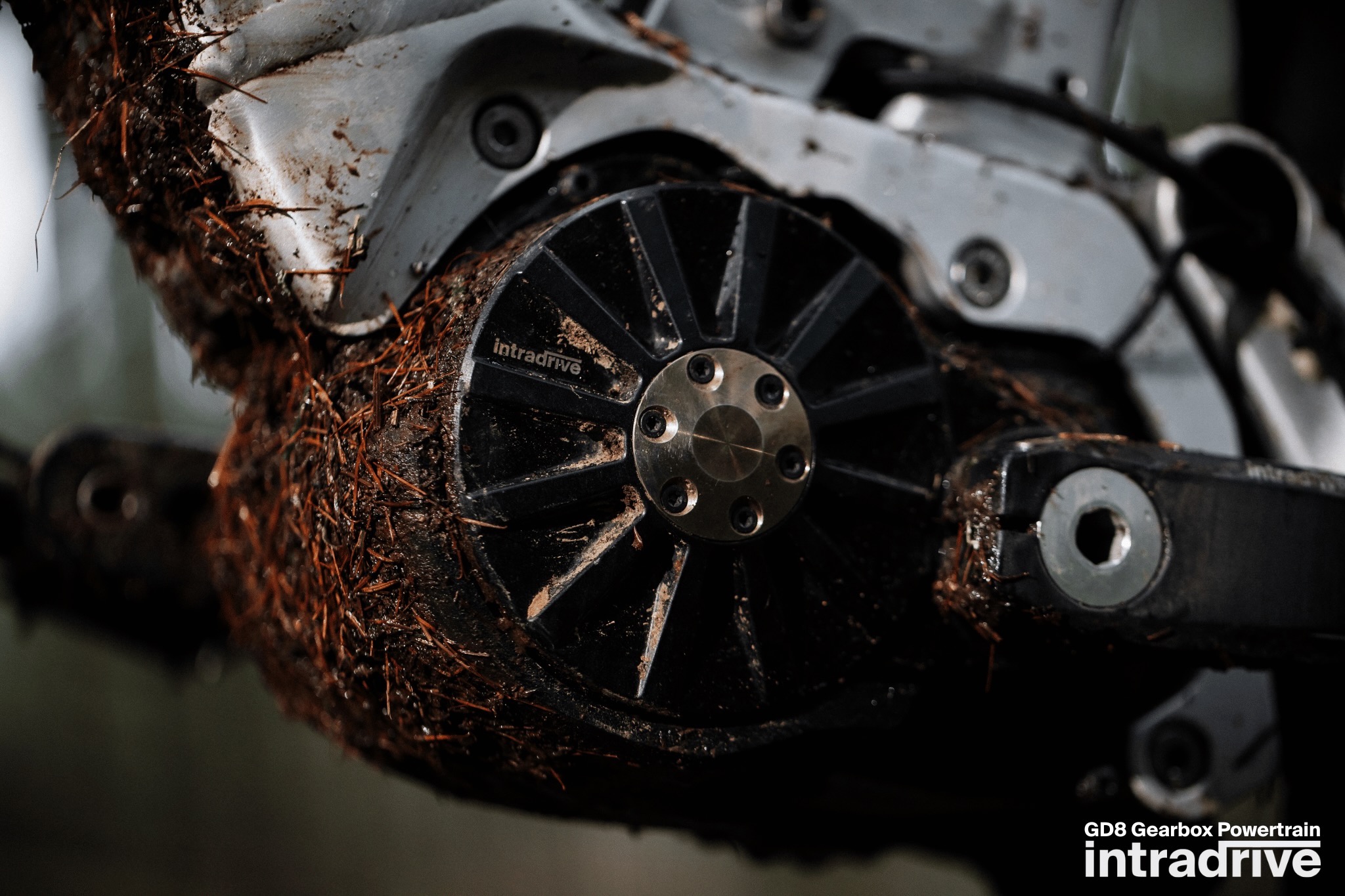 close view of the Intradrive GD8 with mud all over it.