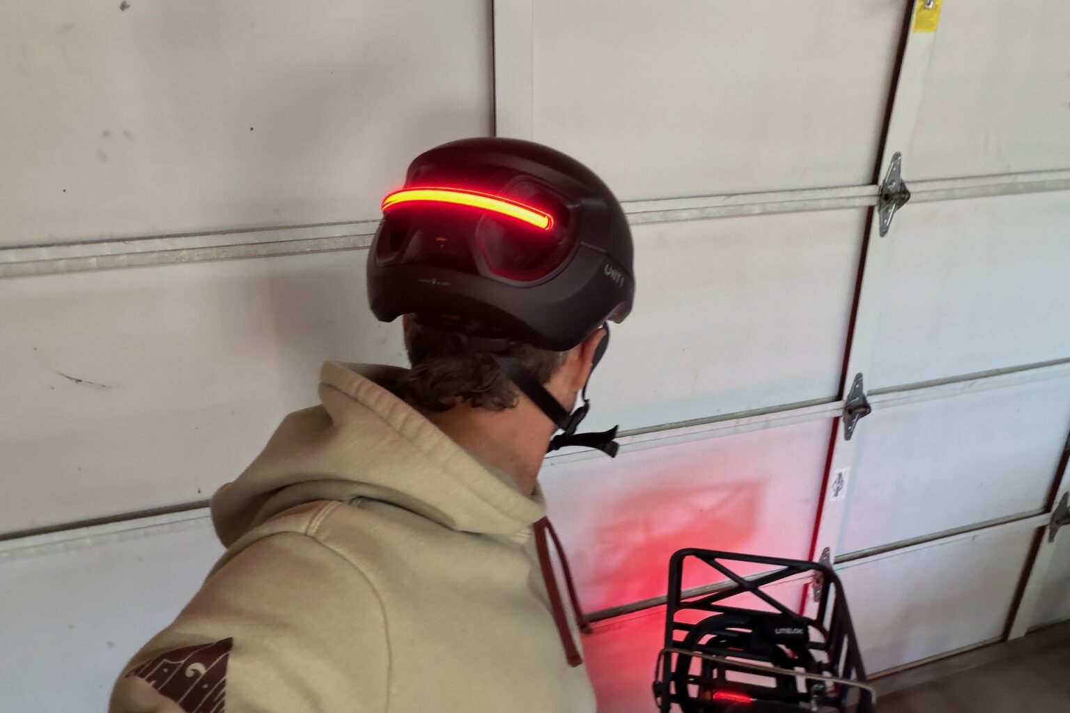 the Unit 1 Aura on my head with the rear light on